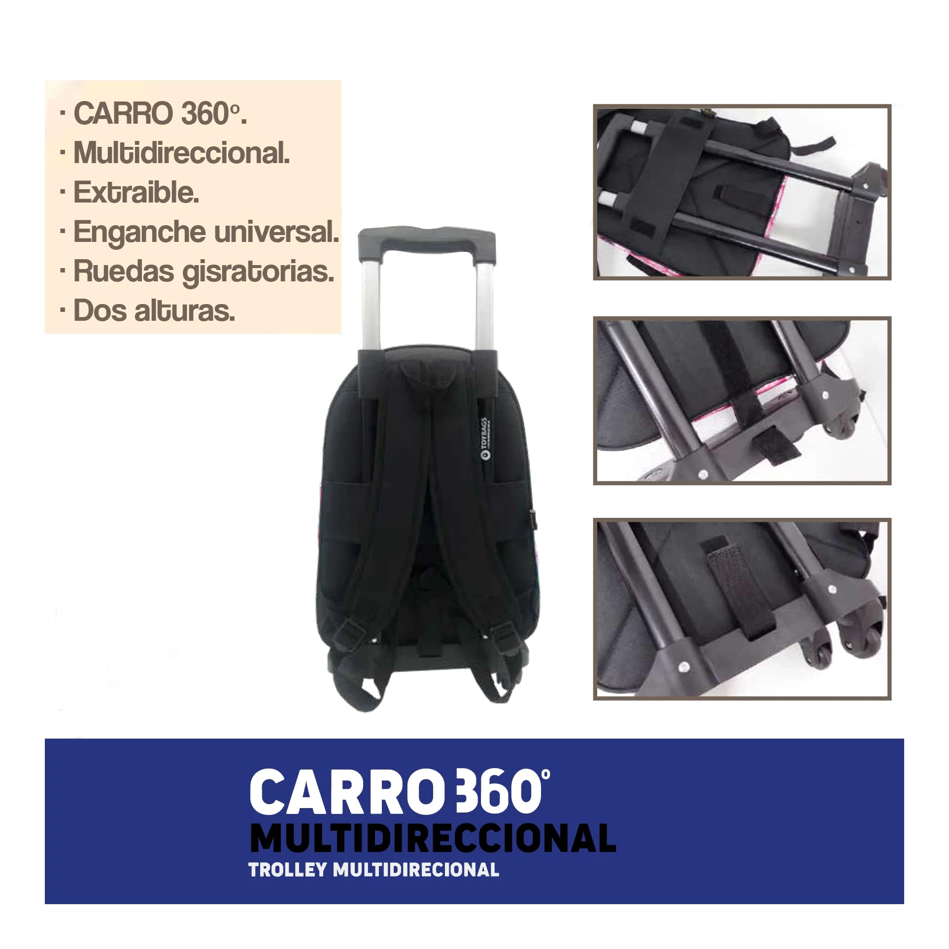 Chariot Toybags Trolley 360 º multidirectionnel - roulettes pivotantes 360 º - comprend butée avant anti-basculement - parties latérales renforcées - s'adapte parfaitement à tout sac à dos - Toybags