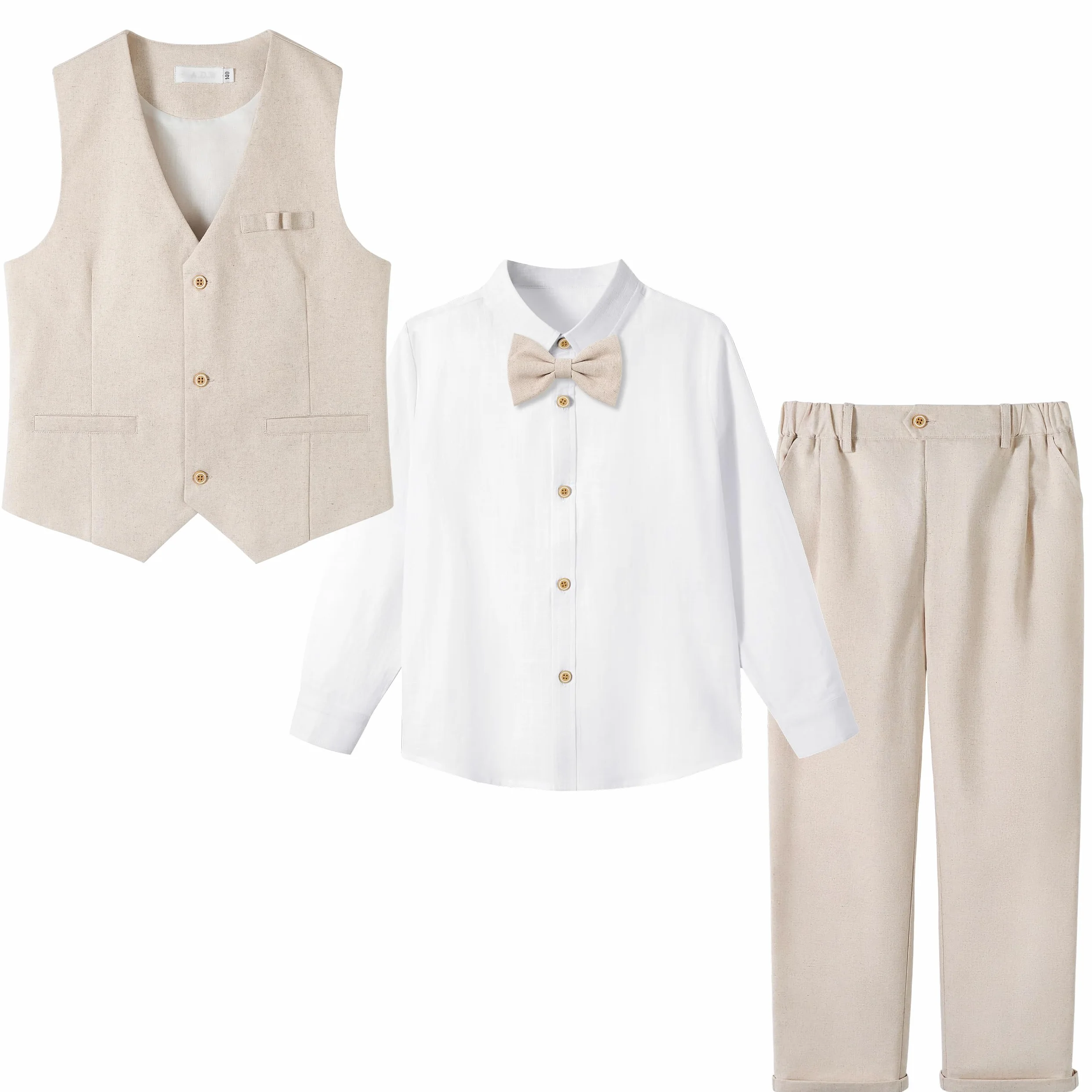 LOLANTA 4 Pièces Costume Garçon Mariage, Lin Gilet Pantalon Vetement Cérémonie Enfant, Tenue en Baptême, Fête d'anniversaire, Gilet+Pantalon+Chemise+Bowtie