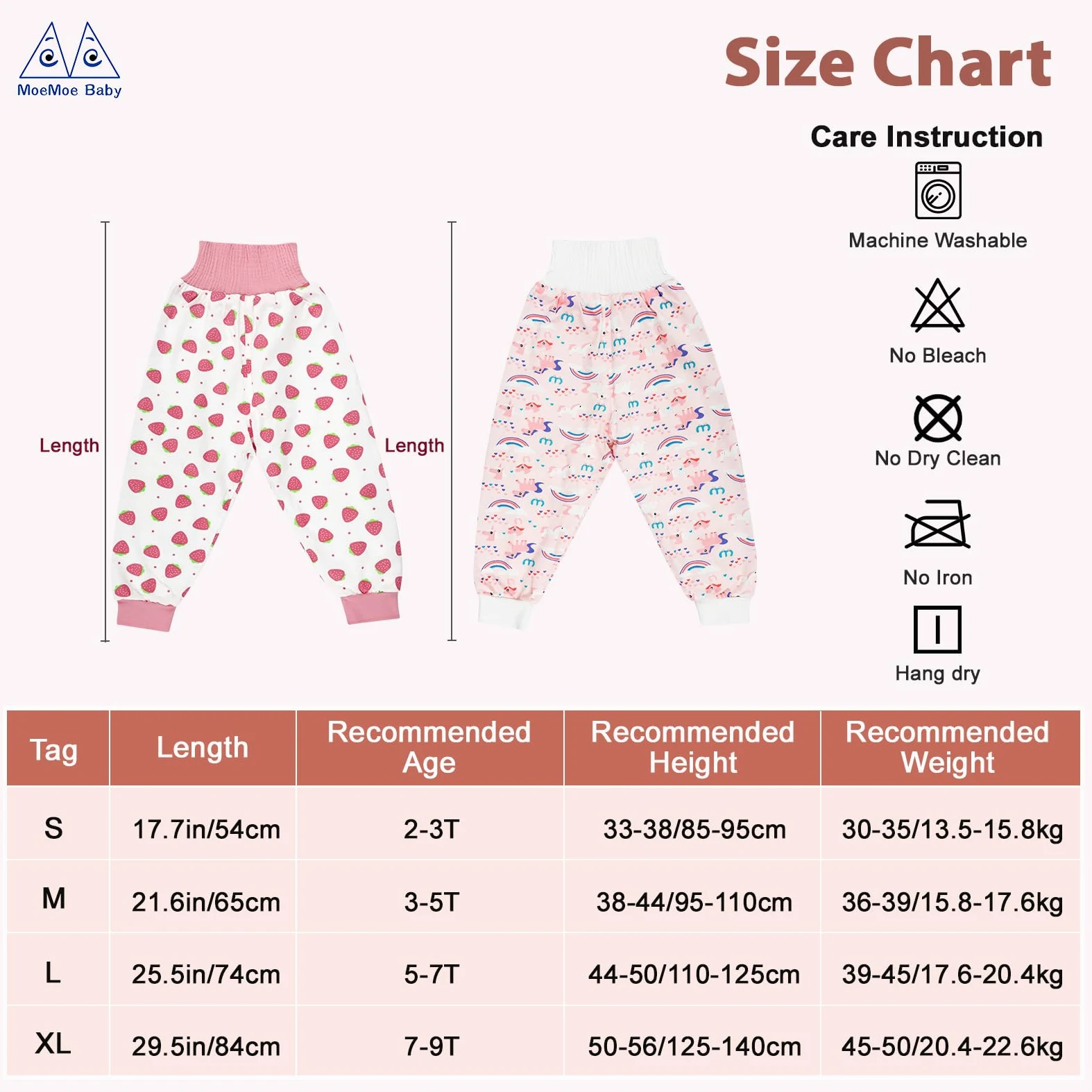MOEMOE BABY Pantalon Propreté Enfant Nuit,Jupe Apprentissage Propreté,Pantalons de Couche, Jupe de Couche Imperméable,Pantalon Impermeable Enfant Garçon Fille,7-9 Ans,Lot de 2,Rose,XL