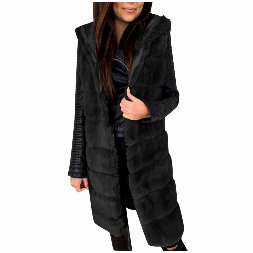 Gilet en fourrure synthétique pour femme - Élégant - Sans manches - Sans manches - Veste d'hiver chaude - Avec capuche