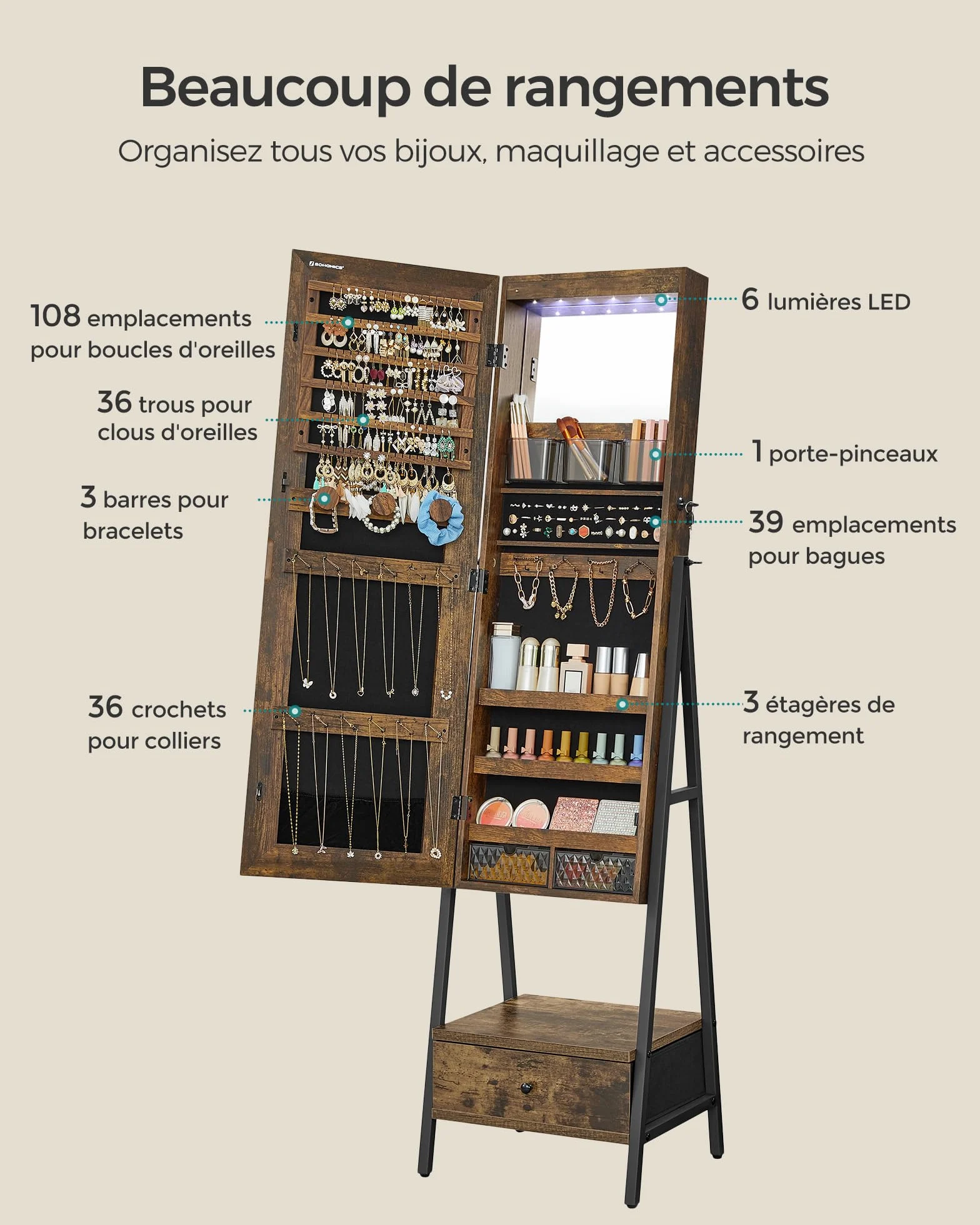 SONGMICS Armoire à bijoux LED sur pied, verrouillable avec miroir pleine longueur, organiseur de bijoux compact avec tiroir et étagère, idée cadeau, marron rustique JJC025X01