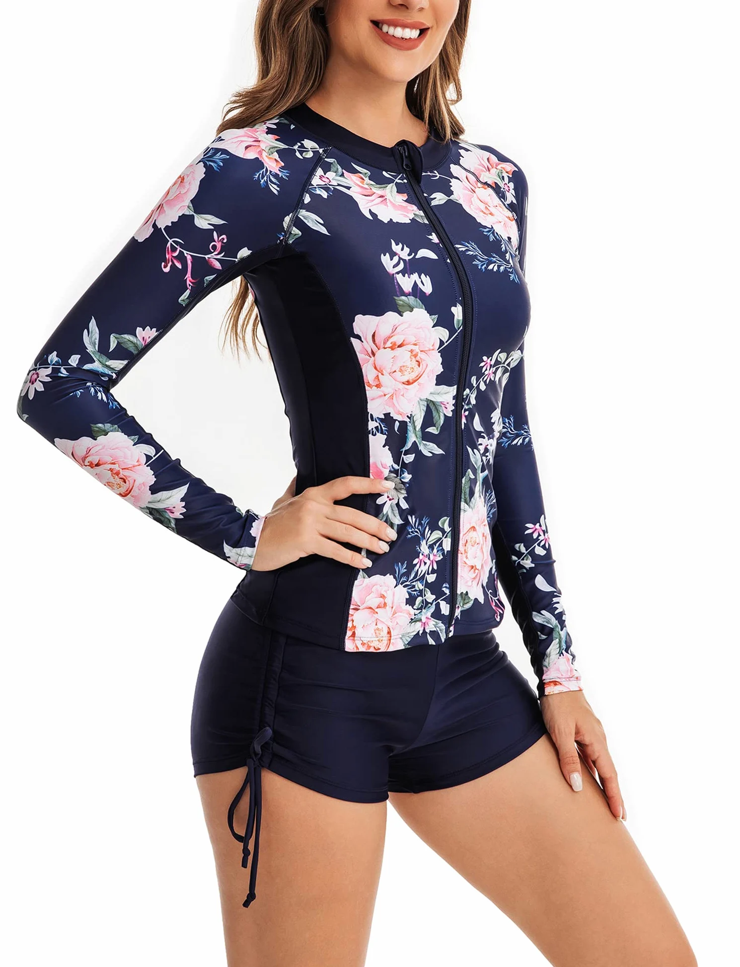 Maillots de Bain 2 Pièces Femmes Manche Longue Rashguard Deux Pièces Femme Mode Col Rond Surf Natation Sport Vêtements de Plage