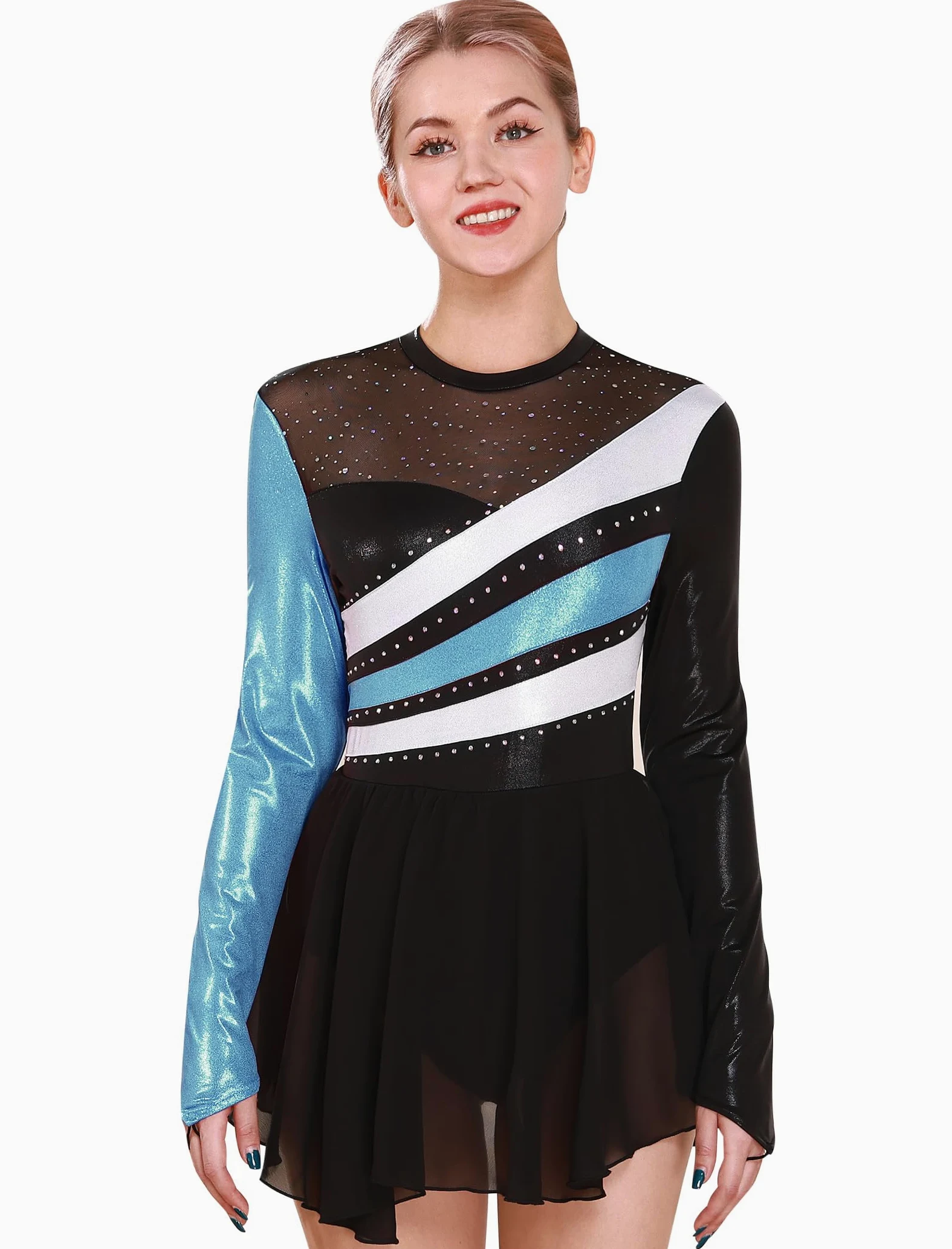 FYMNSI Robe de patinage artistique pour femme - Paillettes métallisées - Manches longues - Justaucorps de danse - Tailles XS à XL