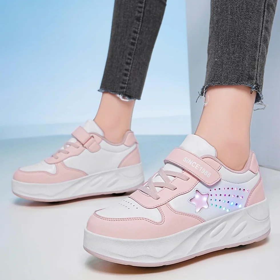 Mateju Patins Baskets Enfant Étoile Brillante 4 Roulettes Amovible Garçons Filles Chaussures de Skateboard Sport Extérieur