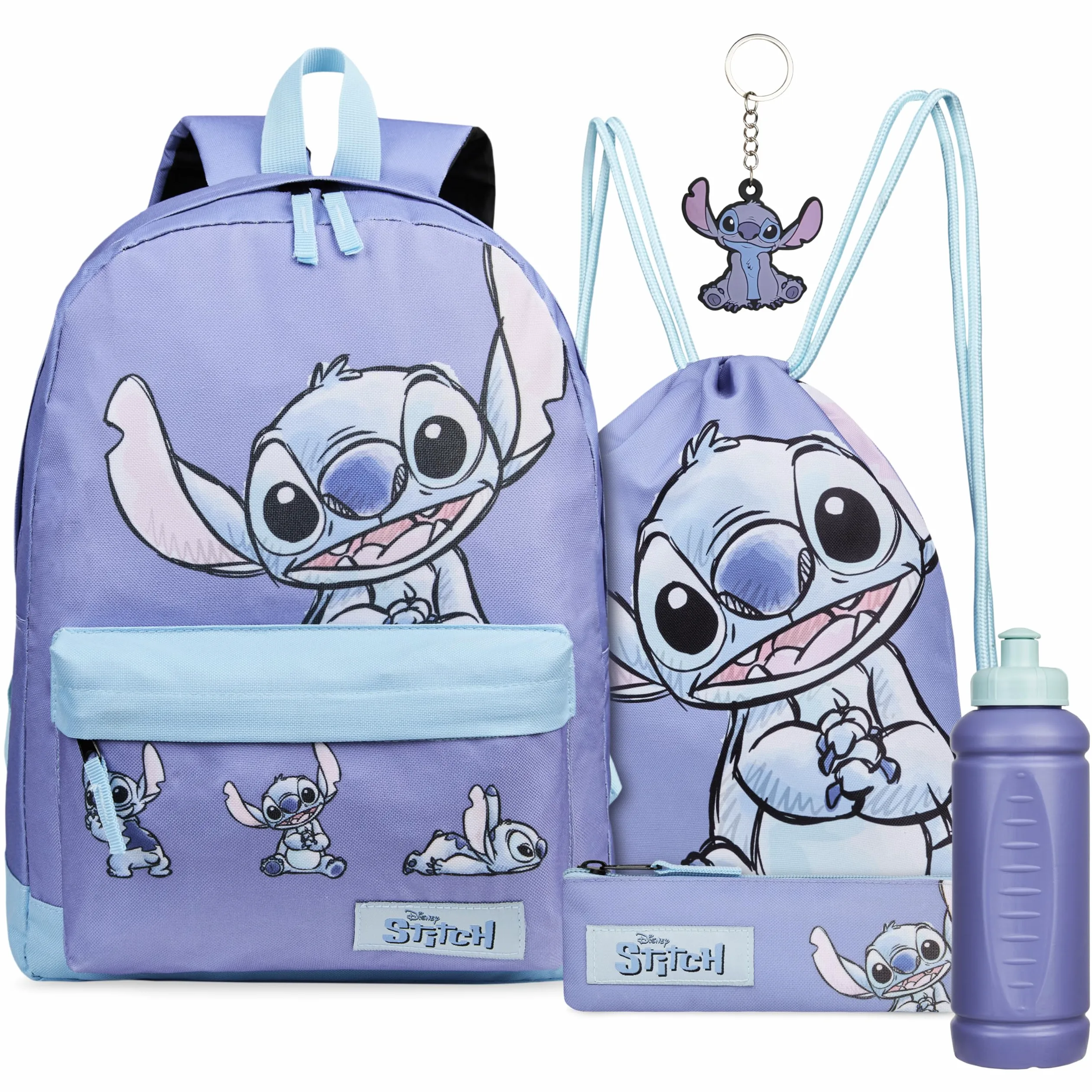 Disney Stitch Sac a Dos Fournitures Scolaires Lot 5 Pièces avec Sac de Natation Trousse Bouteille d'eau et Porte-clés Cadeau Enfant