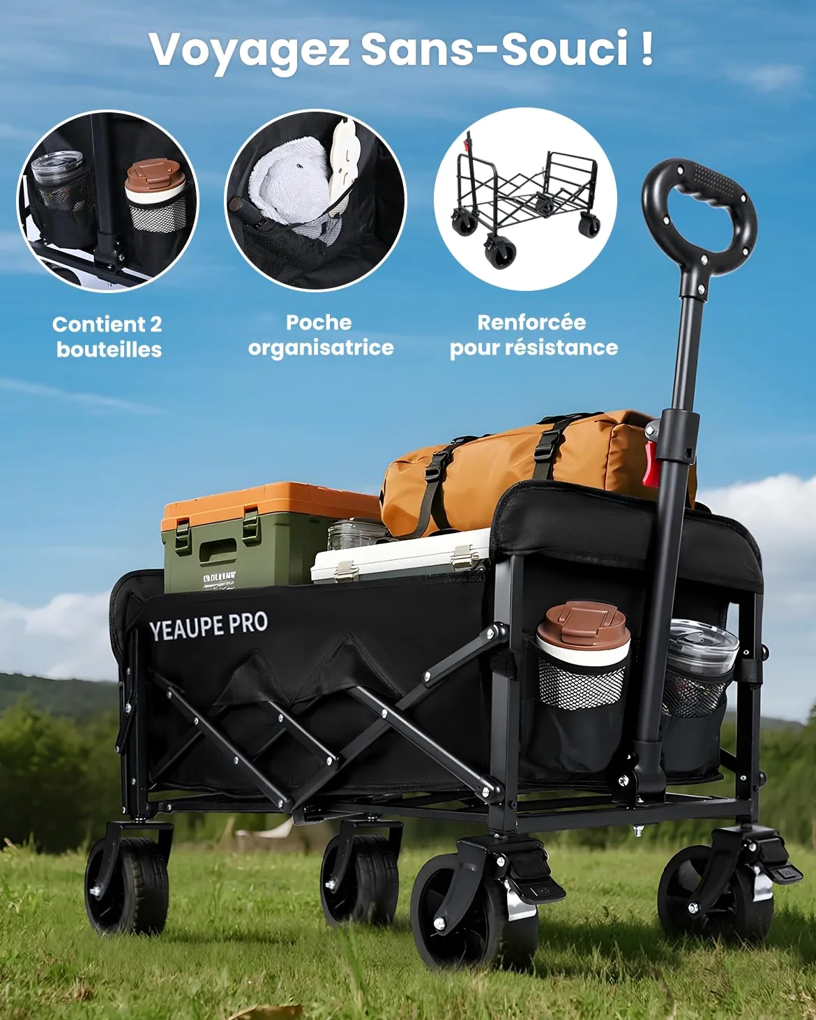 YEAUPE PRO Chariot de Plage Pliable Capacité Max. 125L 100KG, Chariot de Transport à roulettes Tout Terrain Poignée Réglable Charrette pour Extérieur Camping Pique, avec Poche intérieure