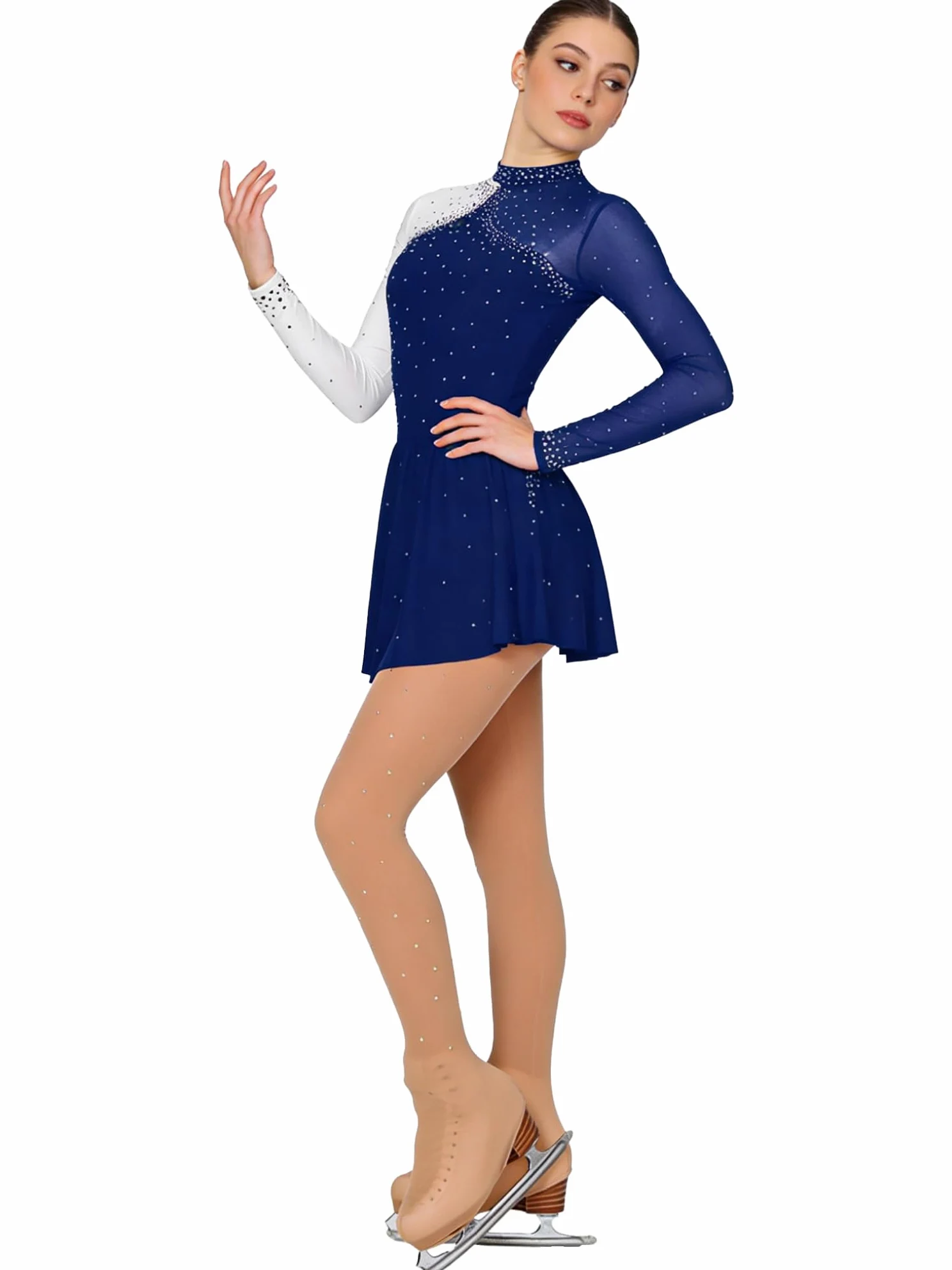 Oyolan Femme Robe et Collant Patinage Artistique Patin Justaucorps Robe Manches Longues Strass