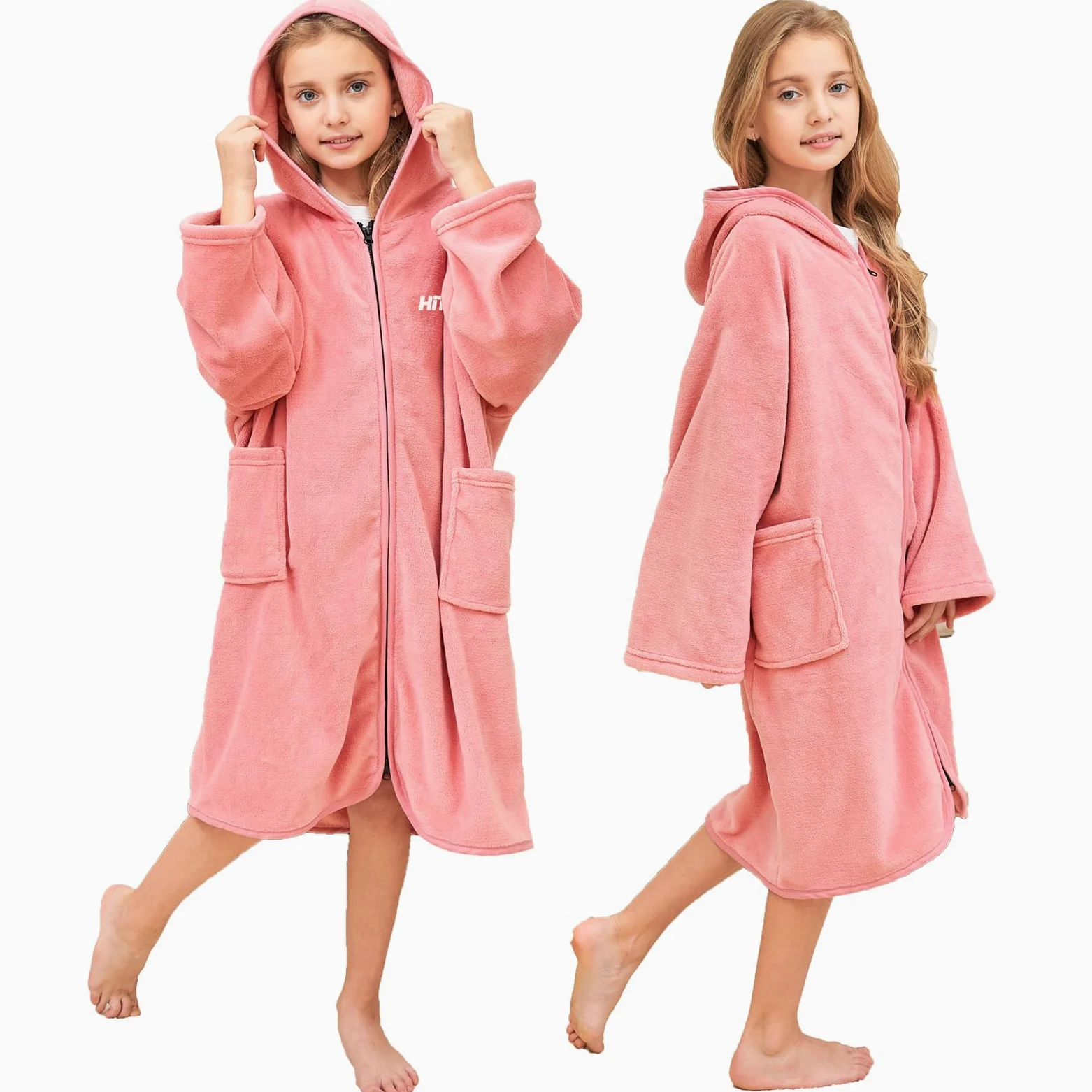 Hiturbo Peignoir à capuche pour enfants : peignoir de bain à fermeture éclair pour natation, plage, surf, maison