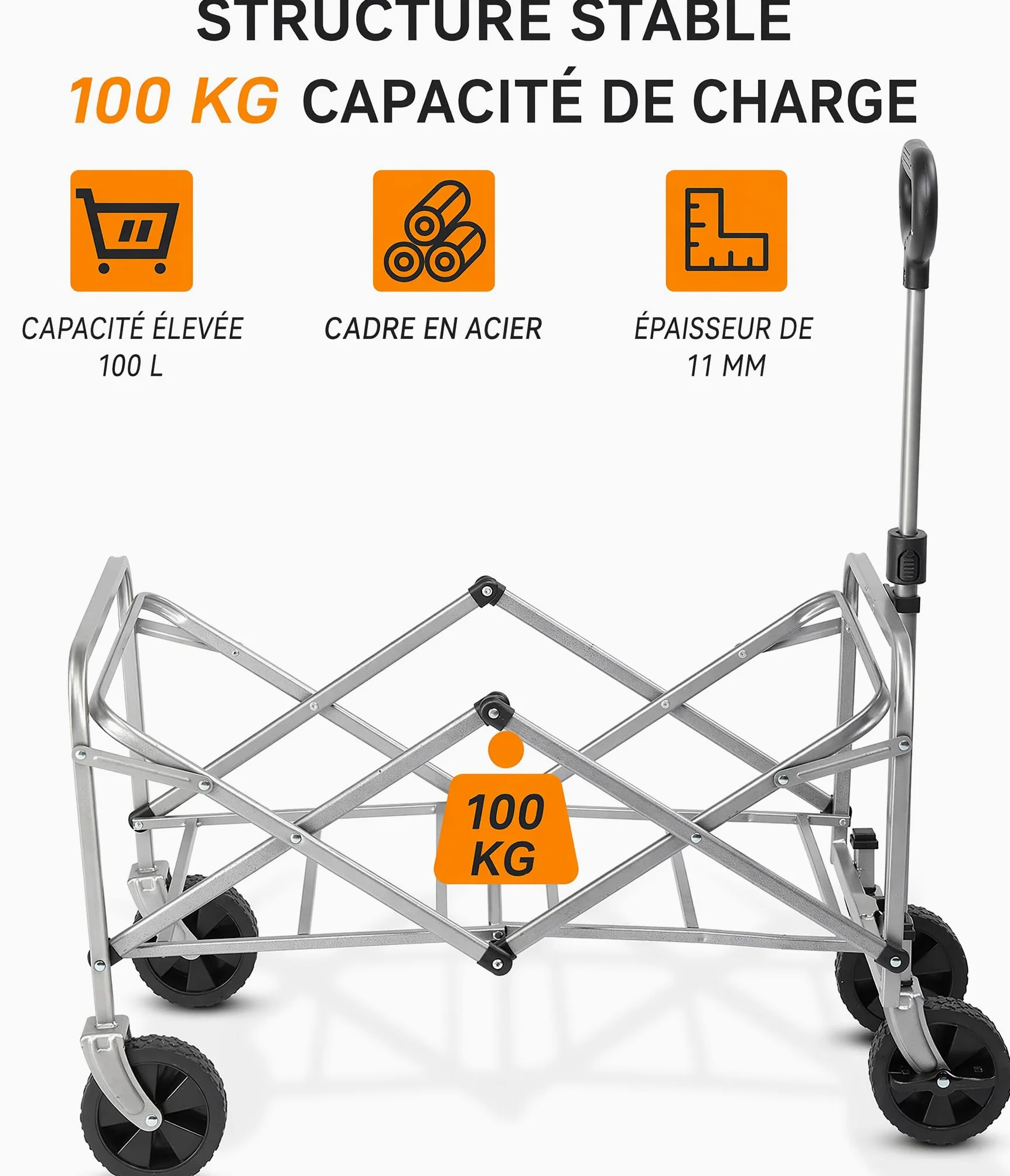 Chariot Pliable à Roulette - Chariot de Plage, Roues Tout-Terrain, poignée réglable, Taille compacte(74x45x84 cm) - avec Jusqu’à 100kg - Idéal pour Camping, Plage, Jardinage, Gris