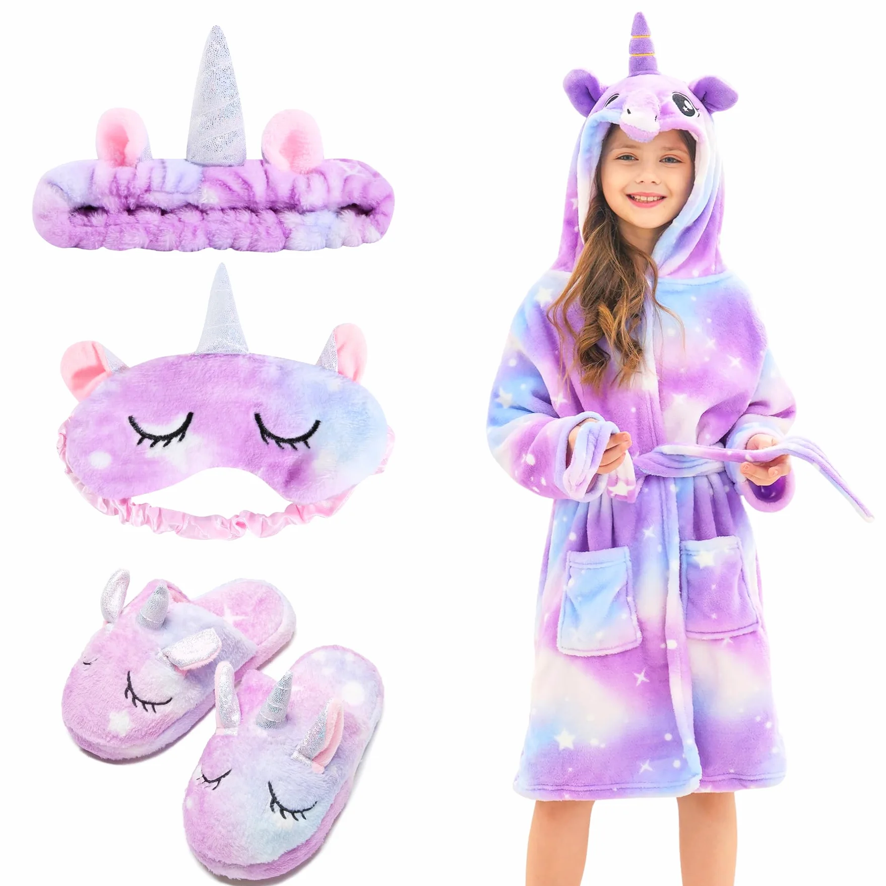 Peignoir Doux Fille Licorne Robes de Chambre à Capuche pour Filles avec Pantoufles de Licorne - Cadeaux pour Filles