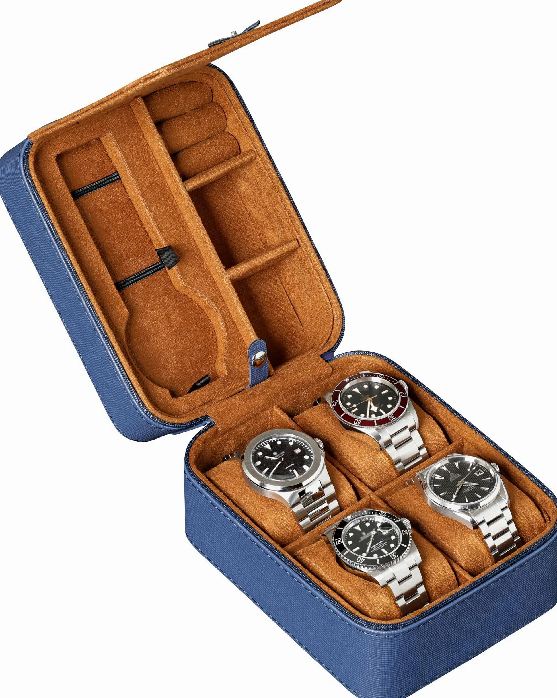 ROTHWELL Étui de voyage pour 5 montres, Ecrins pour montres - Protection robuste et portable avec fermeture éclair - S'adapte à toutes les montres jusqu'à 50 mm (BleuBeige)