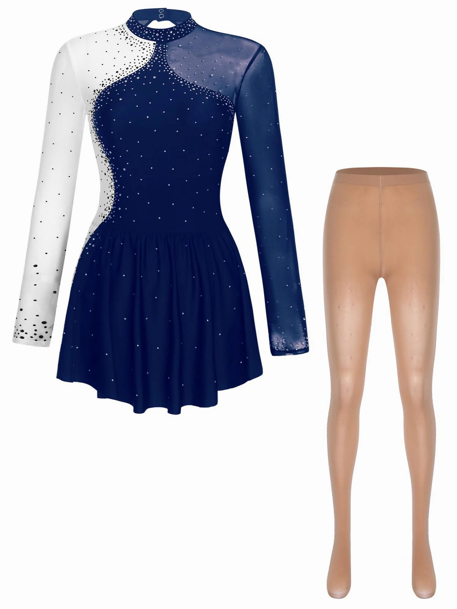Oyolan Femme Robe et Collant Patinage Artistique Patin Justaucorps Robe Manches Longues Strass