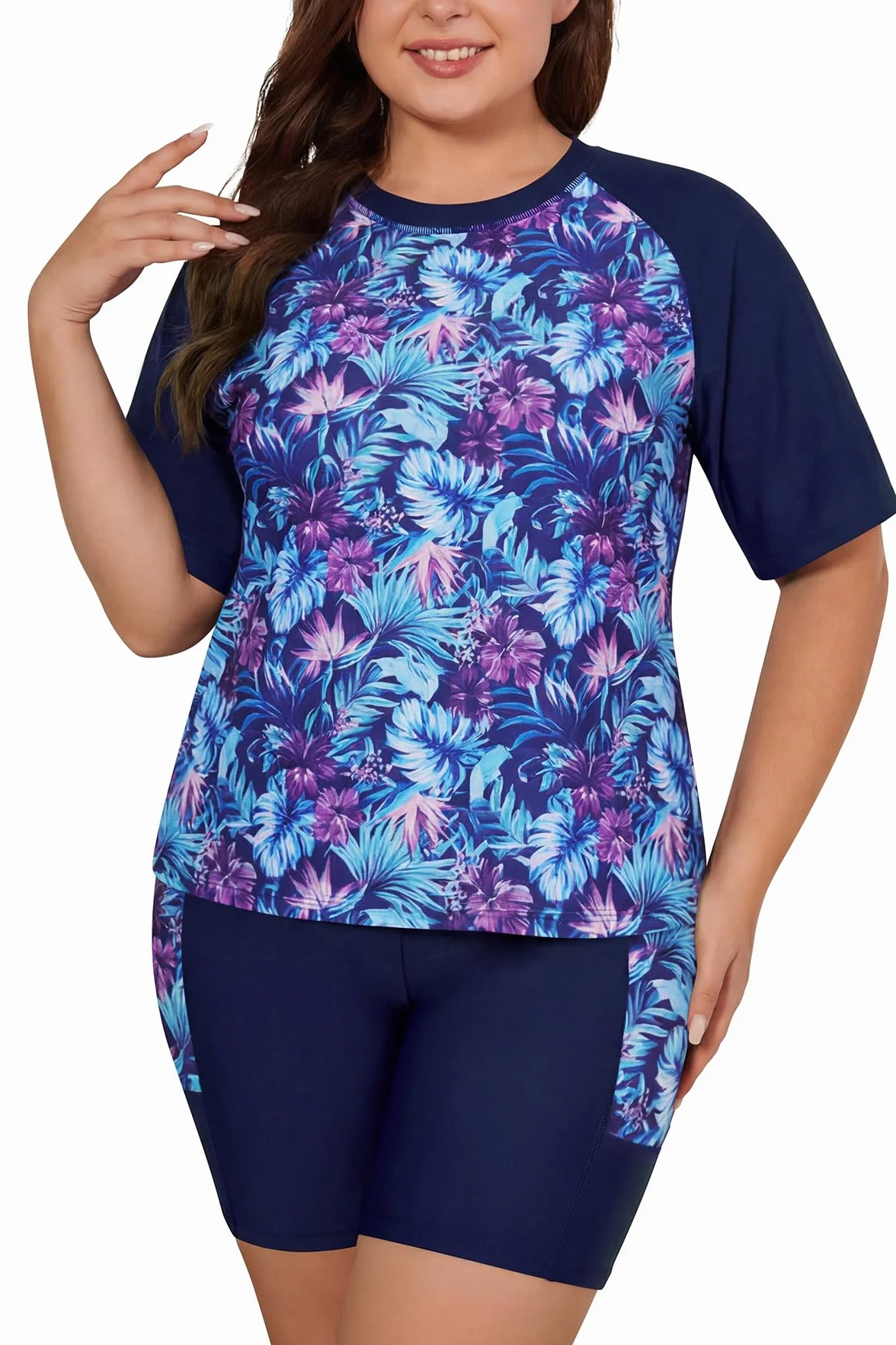 SHEKINI Maillot de Bain Femme 2 Pièces Rash Guard Set Grande Taille Imprimé Floral T-Shirt à Manches Courtes Boyshort Shorts de Bain Maillot de Surf Natation
