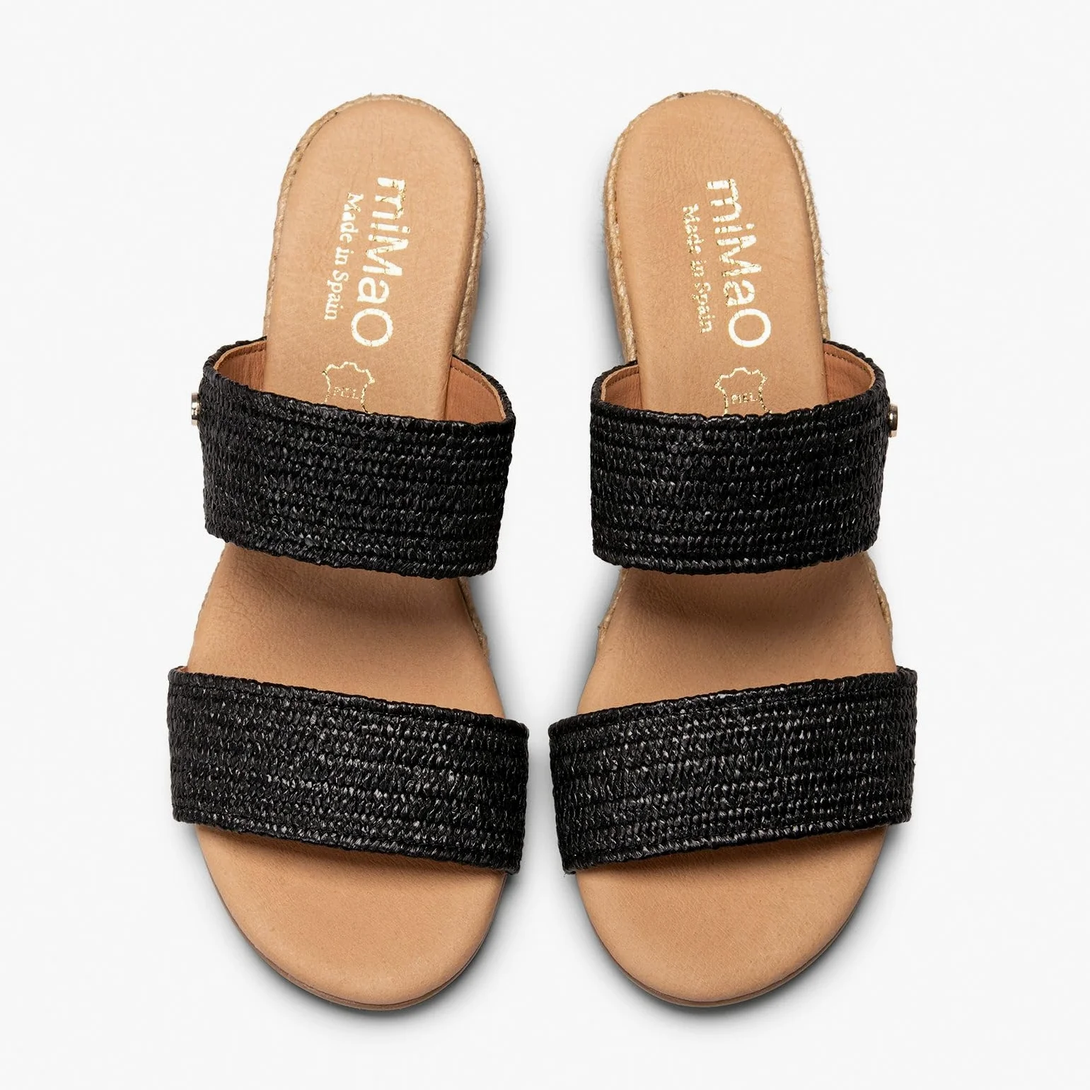 miMaO. Mules à talon compensé de type espadrilles. Fabrication artisanale