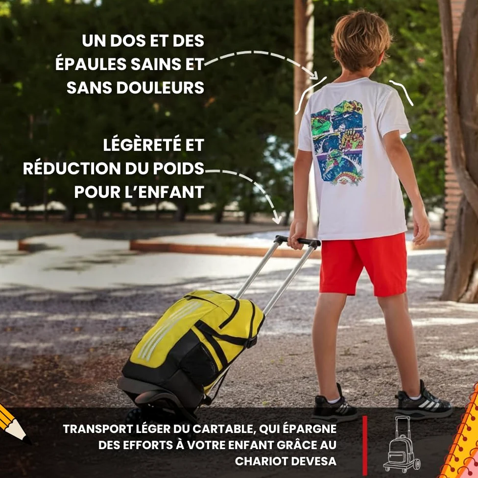 Devesa Chariot pour Sac à Dos Scolaire – Bleu – Aluminium Résistant et Pliable, Léger et Stable, avec Design Ergonomique pour Éviter Les Maux de Dos, Compatible avec Les Sacs à Dos de Grande Capacité