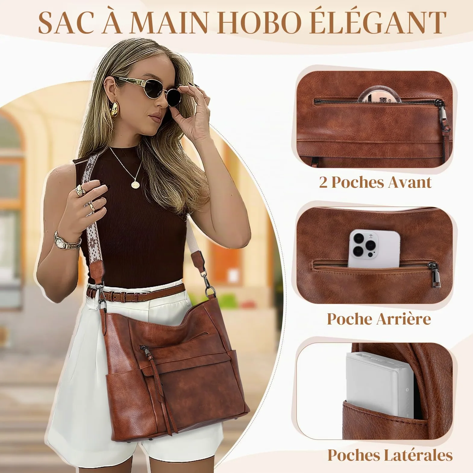 VASCHY Sac à Main Hobo Femme, Sac Bandoulière Femme Cuir PU Grande - Sacs à Main Portés Épaule/Portés Main avec Portefeuille pour Shopping, Travail et Voyage