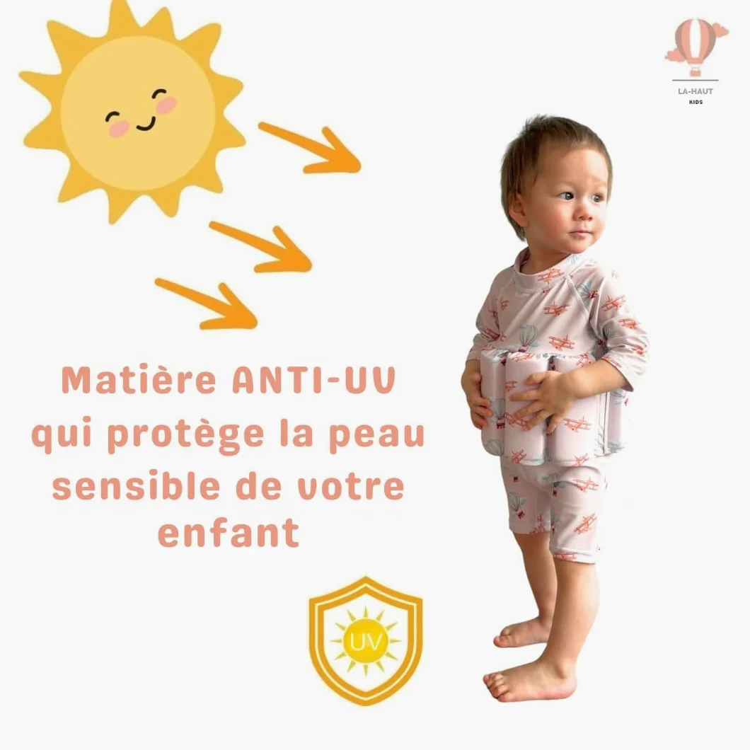 Maillot de Bain Enfant garçon Une pièce Aide à la flottabilité, Flotteurs retirables pour sécurité Confiance, Protection Anti-UV+, Motif Montgolfières Avions, Combinaison Manches Longues, Vintage