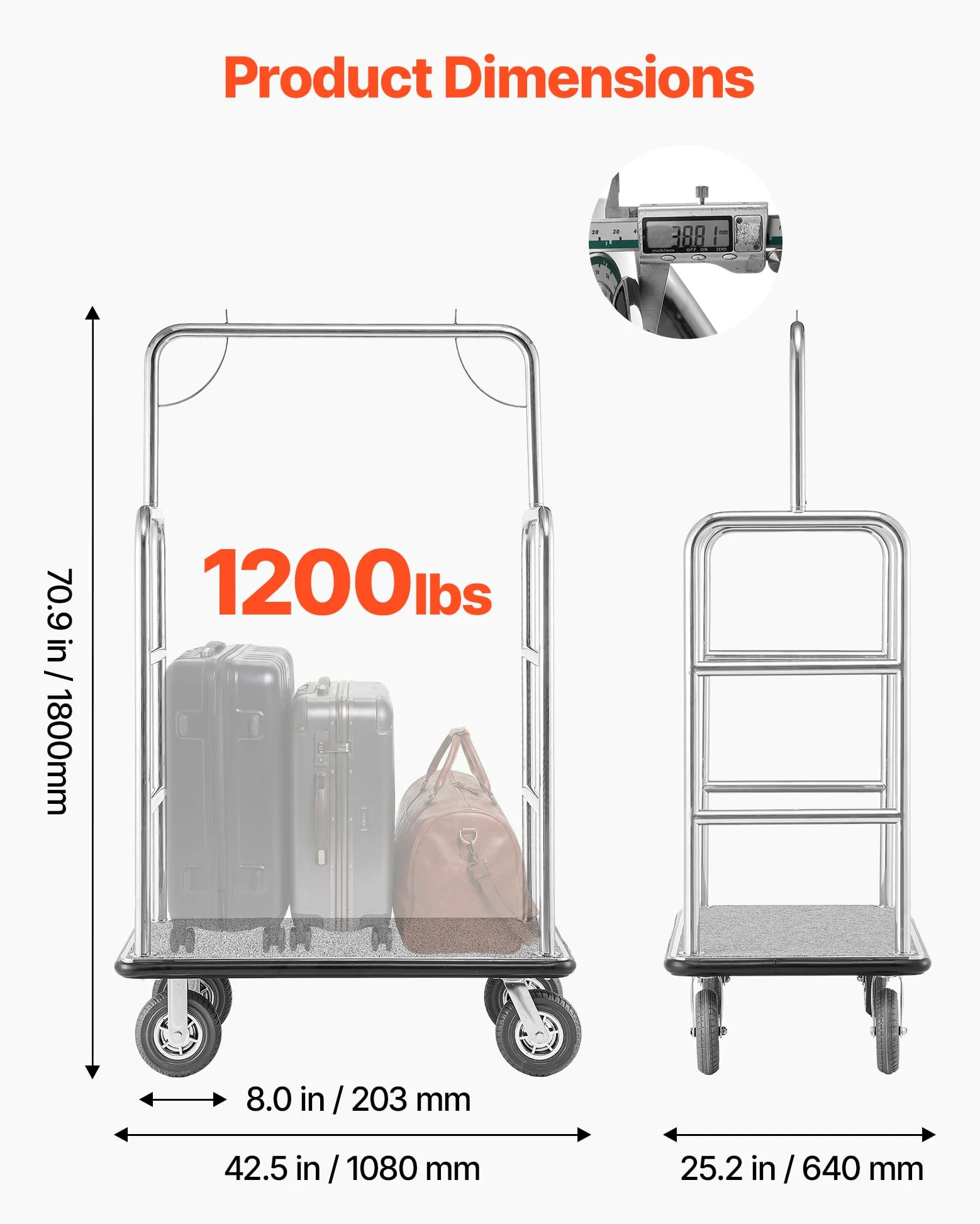 VEVOR Chariot à Bagages Hôtel, 544 kg, Chariot à Plate-Forme de Concierge, Finition INOX Brossé, avec Moquette Grise, Roues Caoutchouc 20,32 cm, Porte-Bagages pour Hôtels, Condos, Complexes Hôteliers