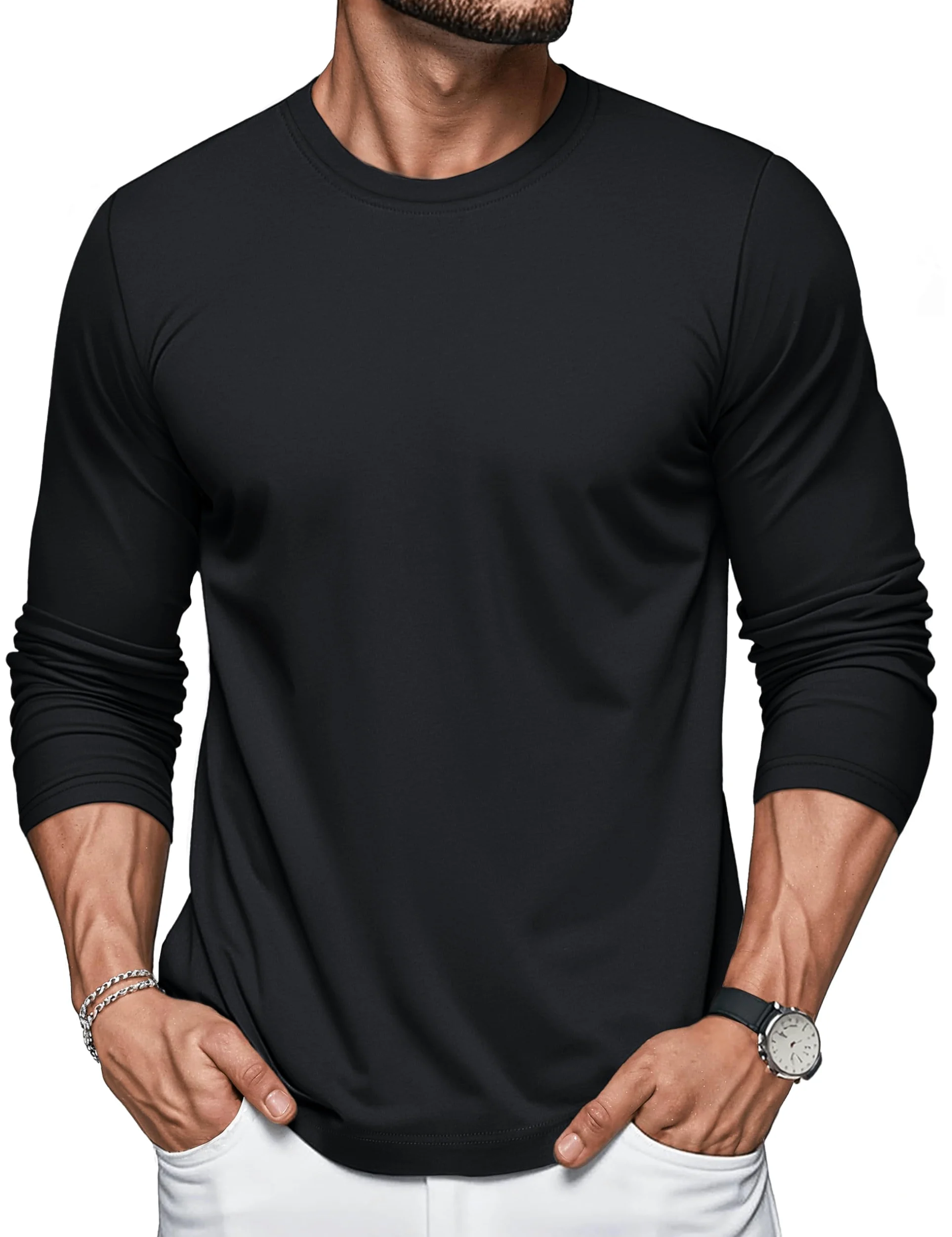 MAGCOMSEN Hommes T-Shirt à Coton Manches Longues avec Encolure Ronde Base Décontractée