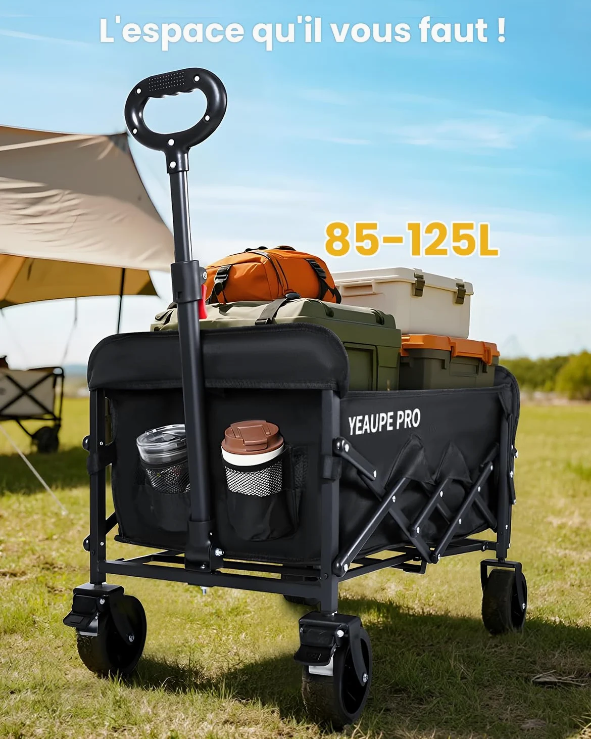 YEAUPE PRO Chariot de Plage Pliable Capacité Max. 125L 100KG, Chariot de Transport à roulettes Tout Terrain Poignée Réglable Charrette pour Extérieur Camping Pique, avec Poche intérieure