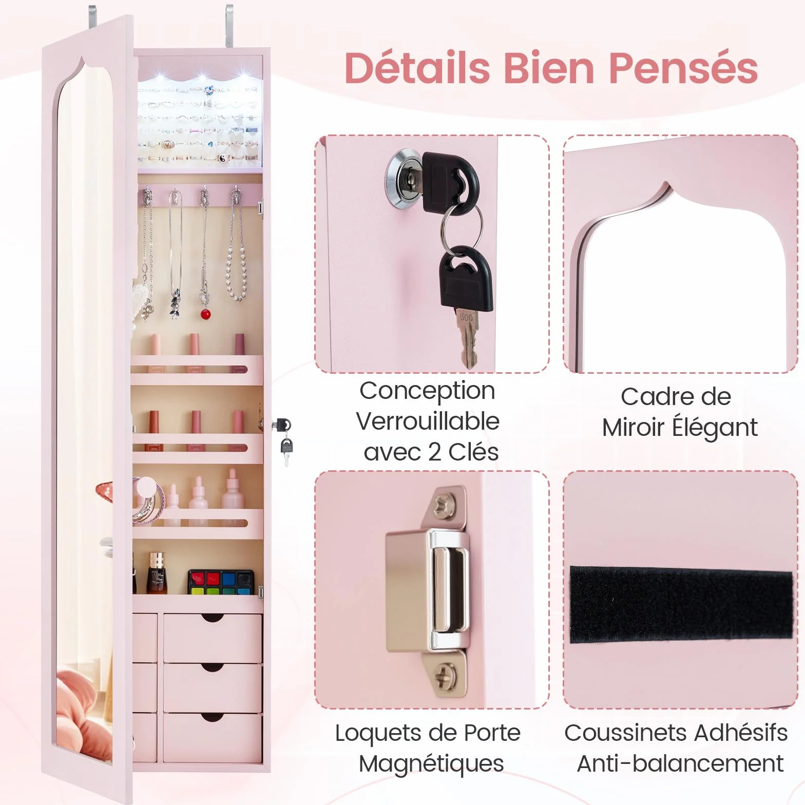 RELAX4LIFE Armoire à Bijoux Murale avec Miroir, 5 Lumières Automatiques, Miroir Rangement Bijoux avec 6 Tiroirs pour Boucles d'Oreilles Colliers Cosmétiques (Rose | Tiroir en MDF)