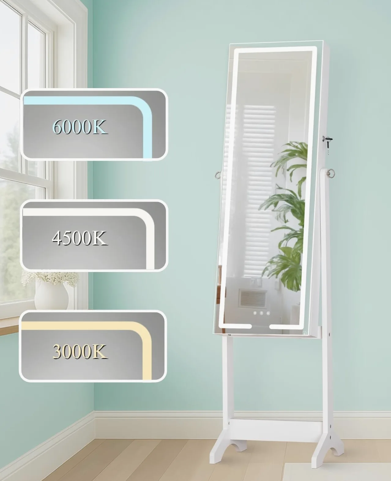 LUXFURNI Miroir LED sur pied, armoire à bijoux, miroir pleine longueur avec rangement de bijoux, 3 modes de couleur, 3 angles réglables, miroir de rangement verrouillable, blanc
