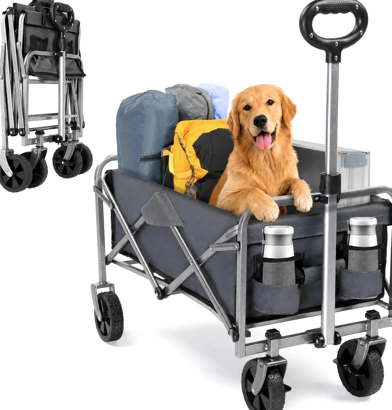 Chariot Pliable à Roulette - Chariot de Plage, Roues Tout-Terrain, poignée réglable, Taille compacte(74x45x84 cm) - avec Jusqu’à 100kg - Idéal pour Camping, Plage, Jardinage, Gris