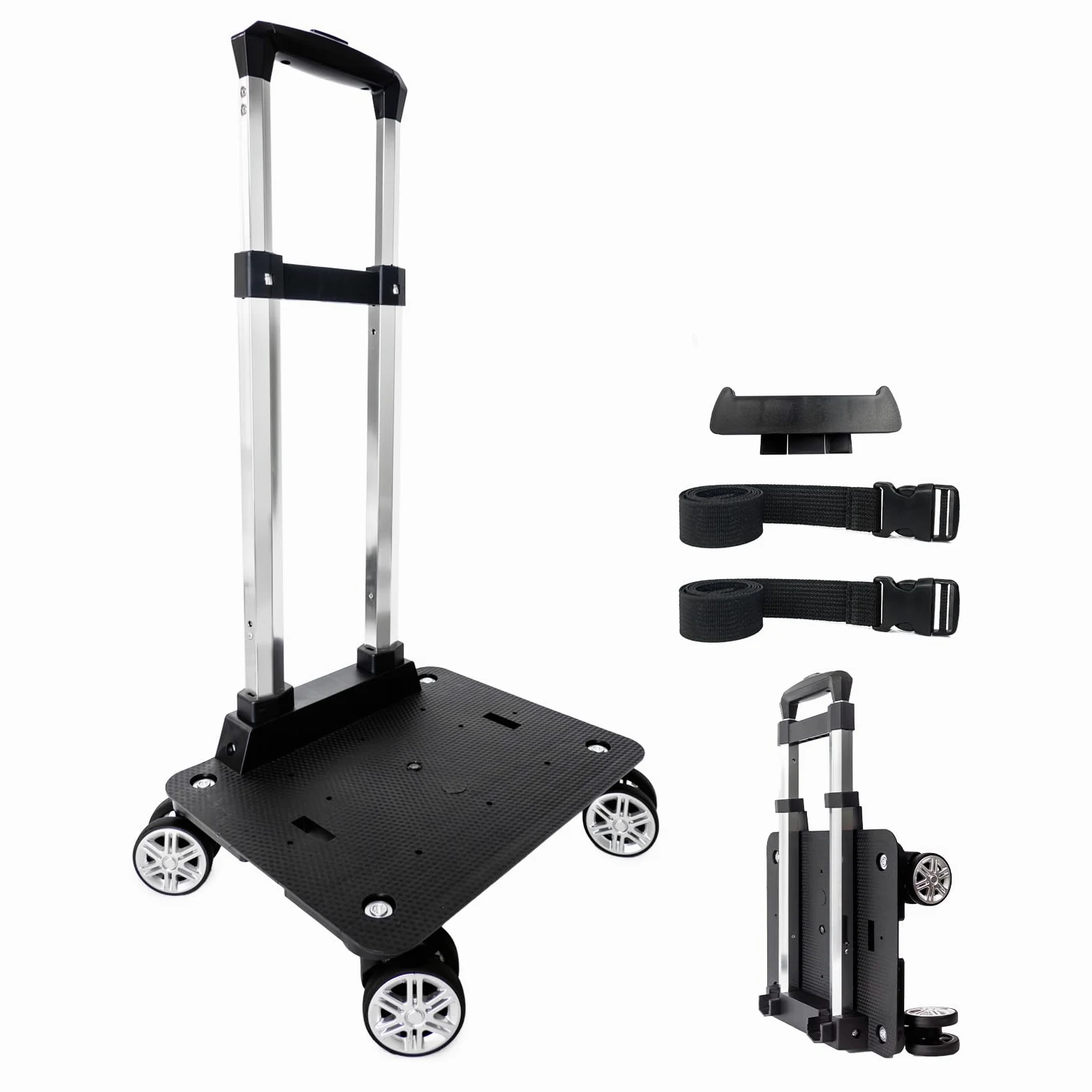 Chariot à dos à roulettes avec sangle de bagage, chariot pliable en alliage d'aluminium pour cartable, sac à dos, chariot de voyage