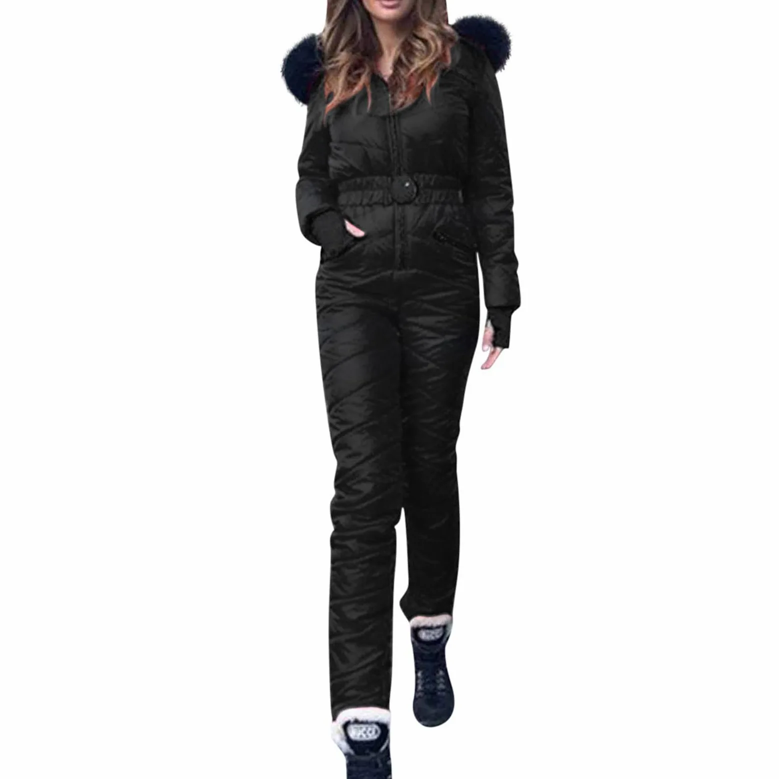YAOJIWANG Combinaison de Ski pour Femme Une Pièce Combinaison Thermique Coupe-Vent Tenue Chic et Élégant Sweat avec Capuche Poches Vêtements de Extérieur pour Snowboard Ski Randonnée Sports