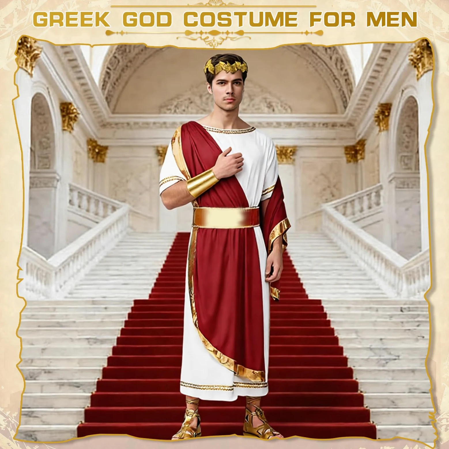 Costume Romain pour Homme, Costume de Dieu Grec pour Homme avec Toge Romain, Bandeau, Bandoulière, Déguisements de Carnaval pour Adultes, Costume Romain pour Fêtes Carnaval Halloween