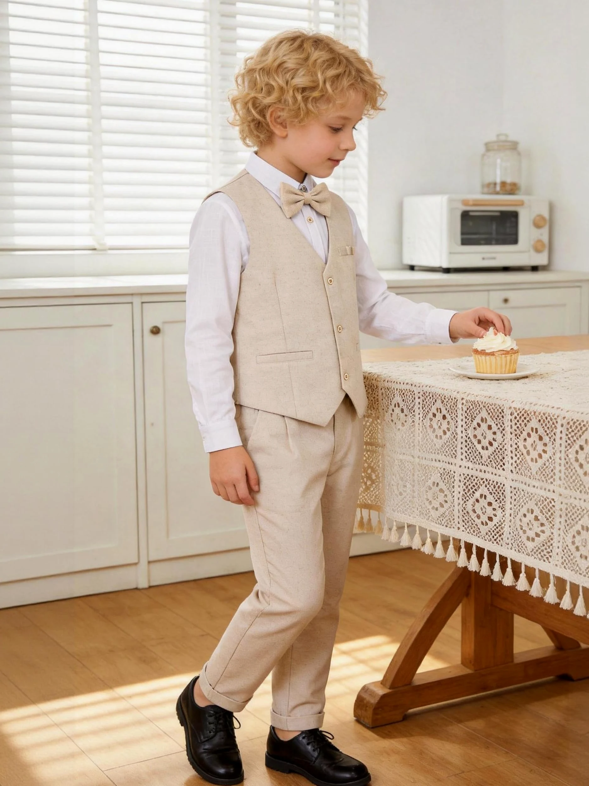 LOLANTA 4 Pièces Costume Garçon Mariage, Lin Gilet Pantalon Vetement Cérémonie Enfant, Tenue en Baptême, Fête d'anniversaire, Gilet+Pantalon+Chemise+Bowtie