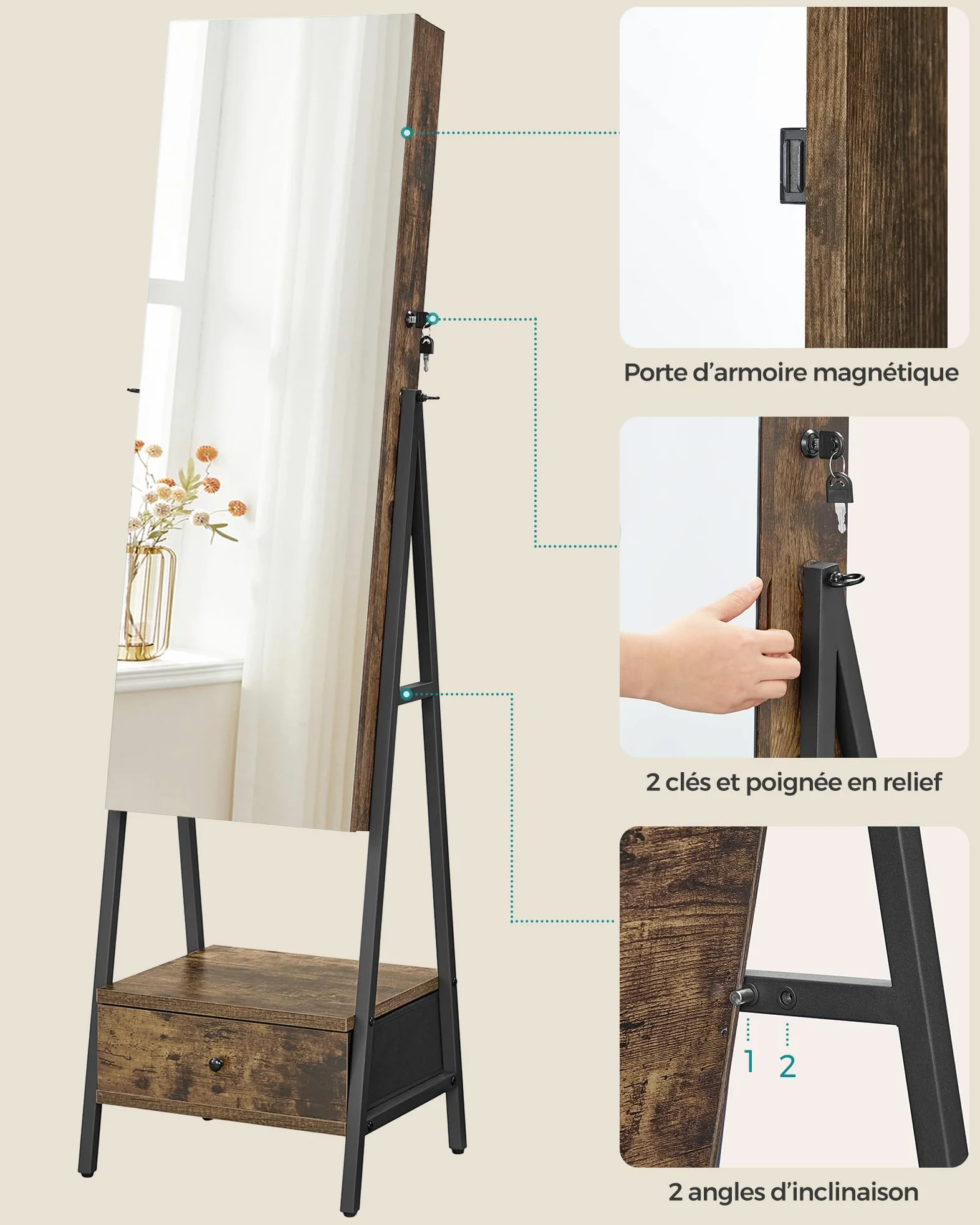 SONGMICS Armoire à bijoux LED sur pied, verrouillable avec miroir pleine longueur, organiseur de bijoux compact avec tiroir et étagère, idée cadeau, marron rustique JJC025X01