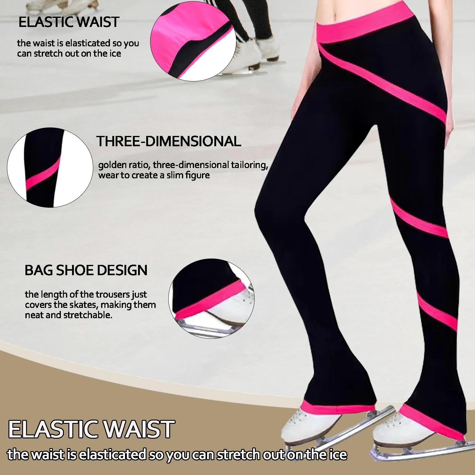 Femmes Pantalon en Cristal Patinage Artistique, Pratique du Patinage sur Glace Legging Collants avec Motif à Rayures en Spirale, Collants pour Enfants et Adultes