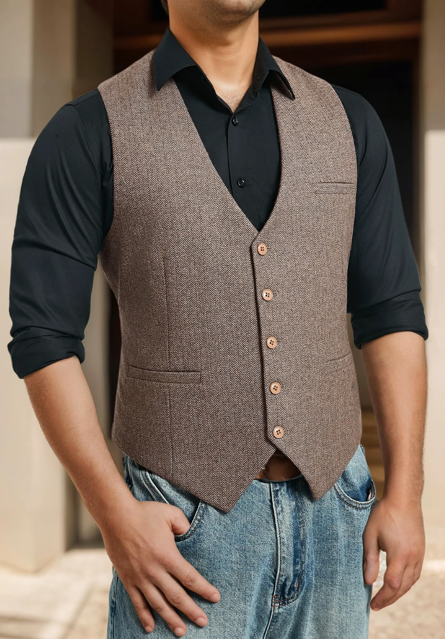 HISDERN Hommes Formelle Tweed Gilets Mariage Laine Gilet Chevron Gilets Sans Manche Casual de Fete Robe Costume Gilet pour Homme