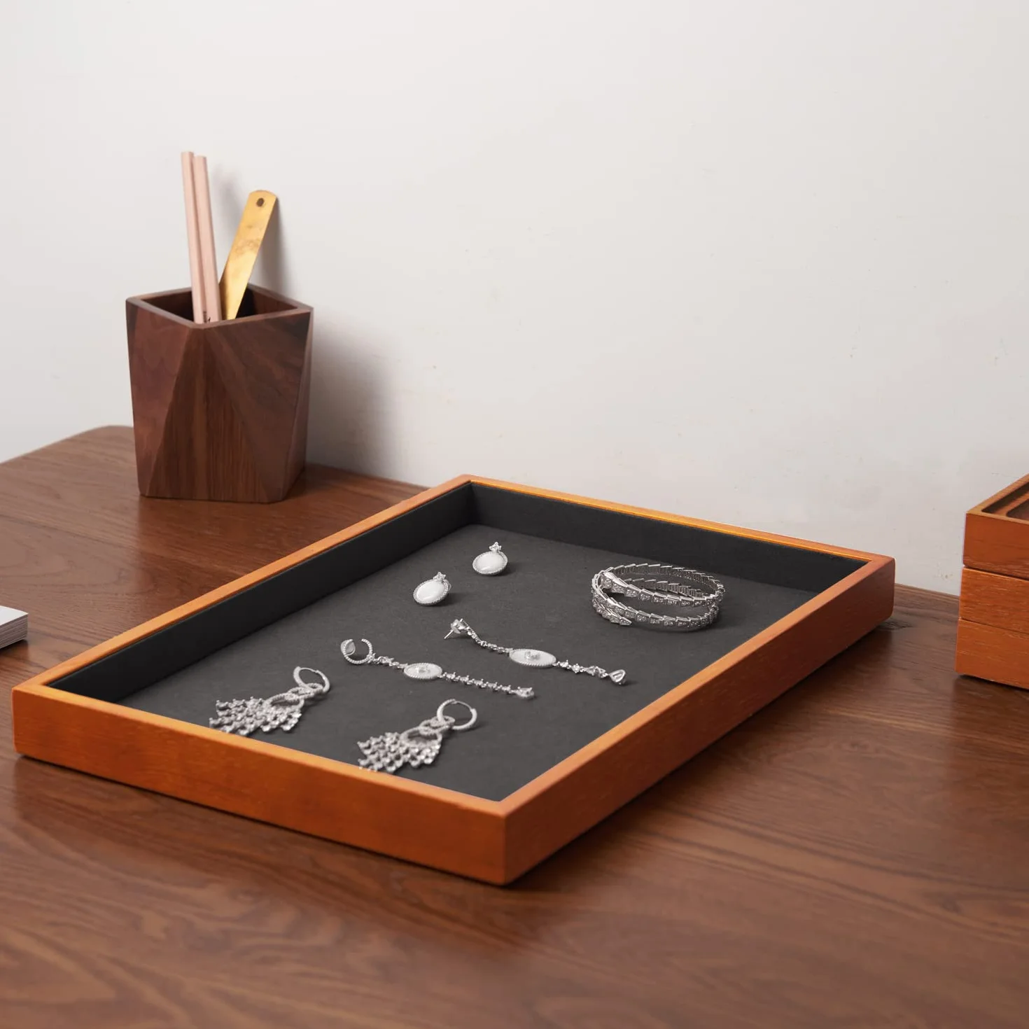 Oirlv Bois Massif Plateau Plat Pour Bijoux,Empilable,Tiroir Pour Bijoux,Organisateur,Vitrine,Porte Bijoux(Gris)