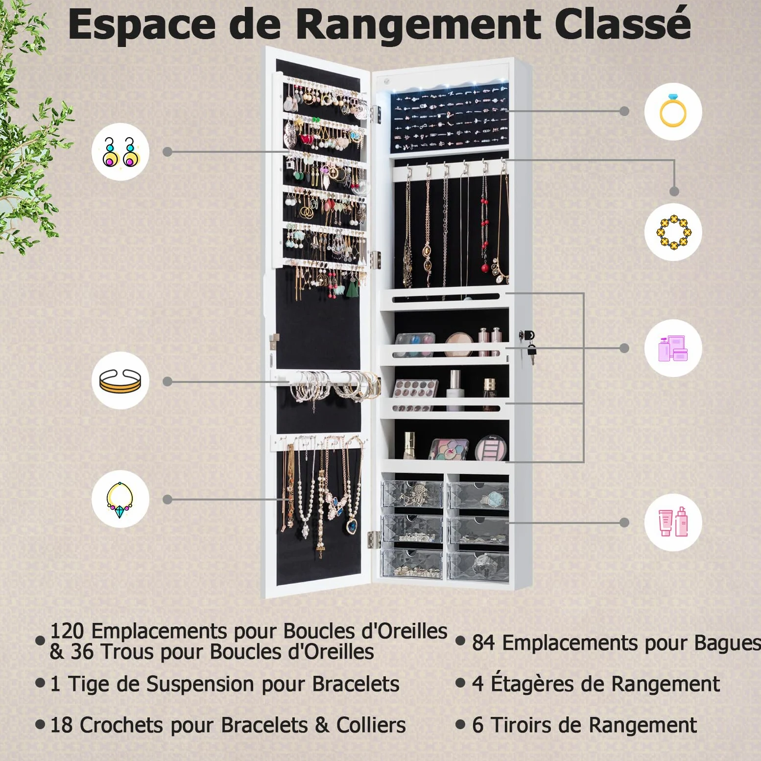 GOPLUS Armoire à Bijoux Mural avec Miroir et Lumière LED, Armoire de Rangement Mural, Accrochée à la Porte avec Serrure, Meuble de Rangement, Miror Porte-Bijoux 120 x 36,5 x 11,5CM, Blanc