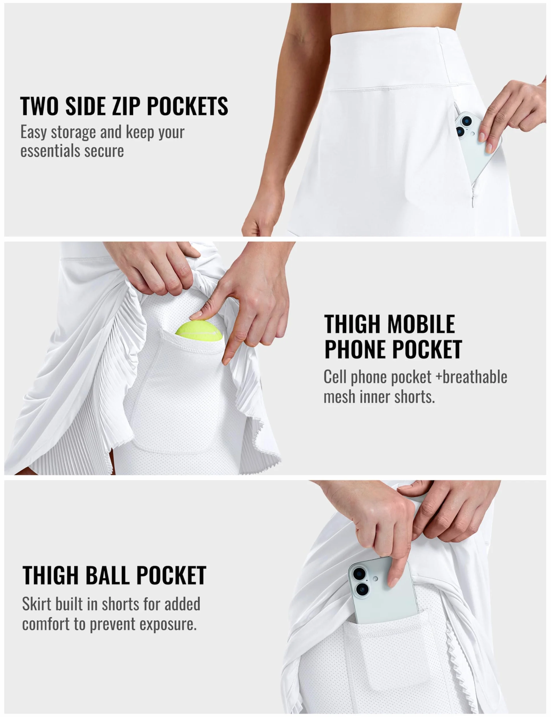MoFiz Jupe de tennis stretch pour femme - Taille haute - Avec poches - UPF50+ - Avec pantalon intérieur