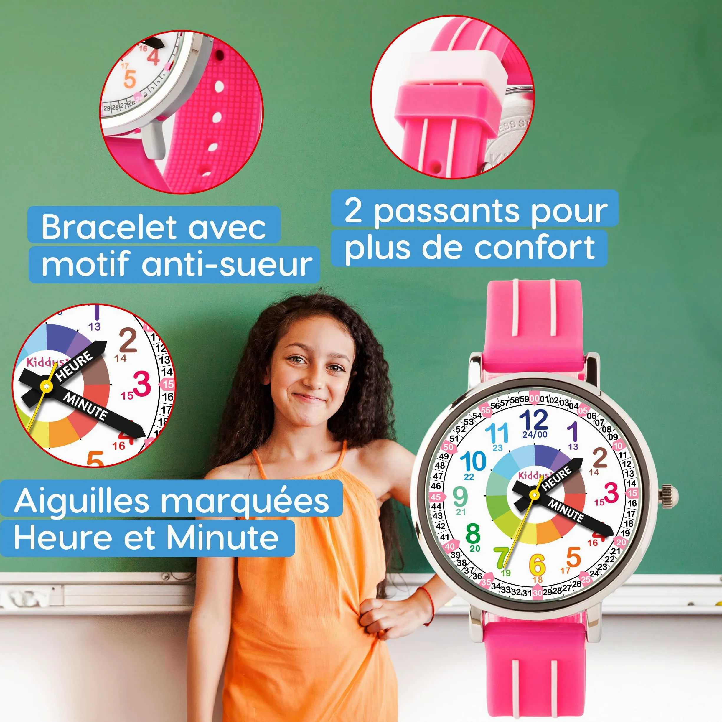 Kiddus Montre Enfant Fille et Garçon à partir de 5 Ans, Montre Éducative Analogique à Aiguilles, Apprentissage de l'Heure, Mouvement Japonais