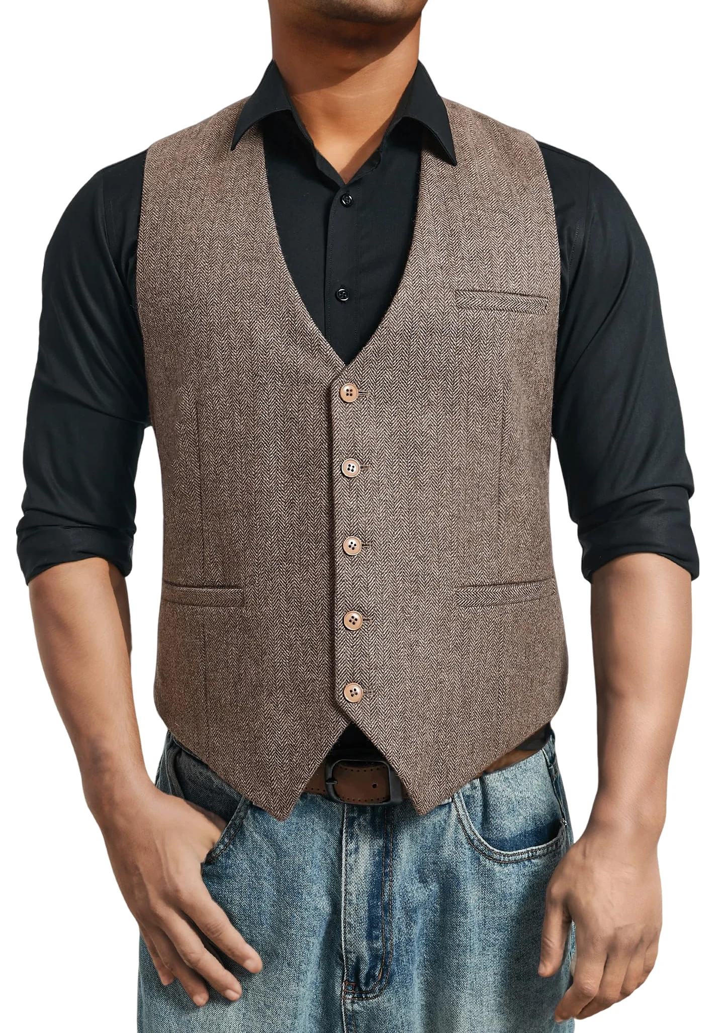 HISDERN Hommes Formelle Tweed Gilets Mariage Laine Gilet Chevron Gilets Sans Manche Casual de Fete Robe Costume Gilet pour Homme
