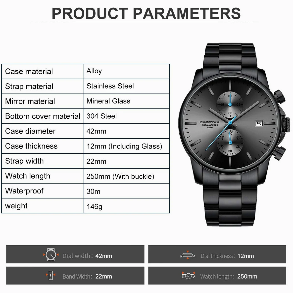 Montres pour Hommes avec Montre à Quartz chronographe étanche décontractée en Acier Inoxydable et en métal, Date Automatique dans des Mains colorée