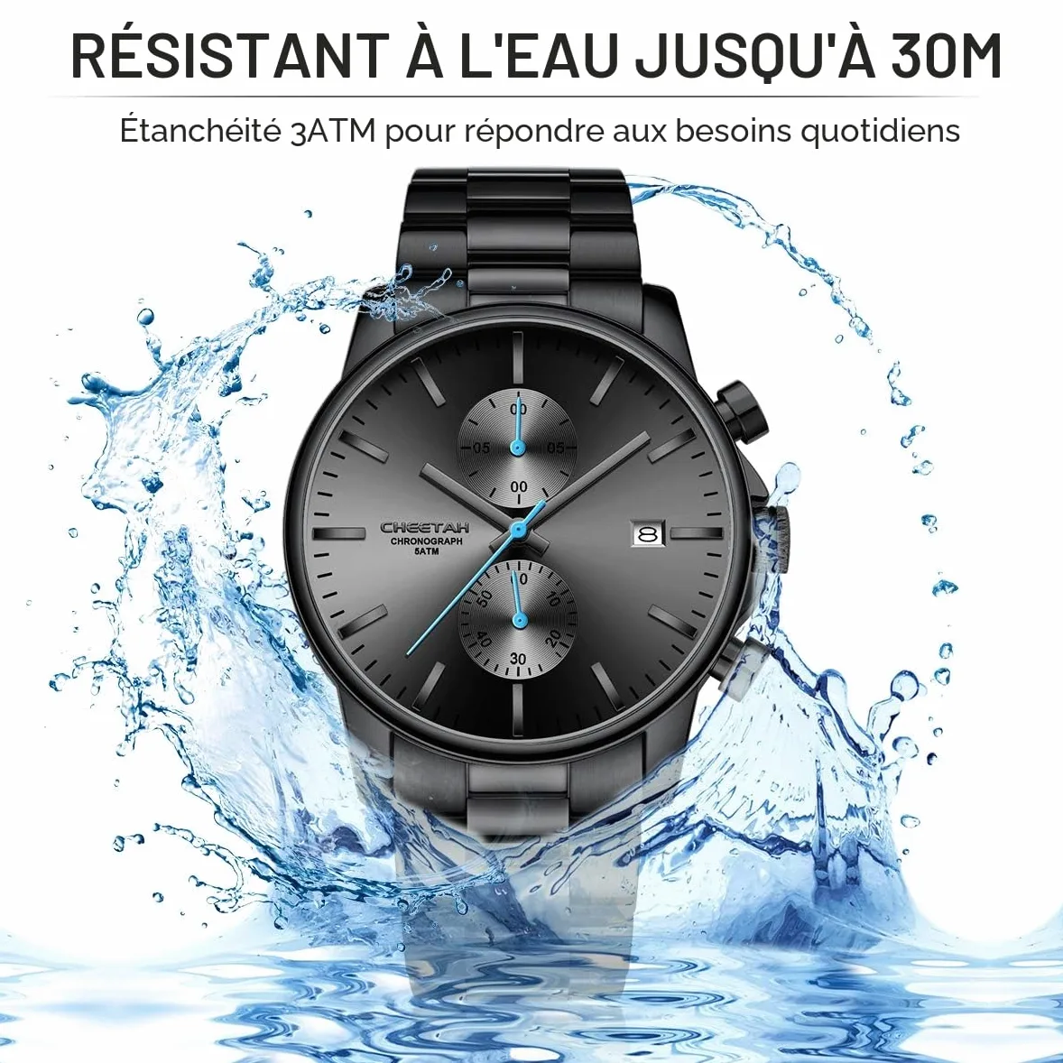 Montres pour Hommes avec Montre à Quartz chronographe étanche décontractée en Acier Inoxydable et en métal, Date Automatique dans des Mains colorée