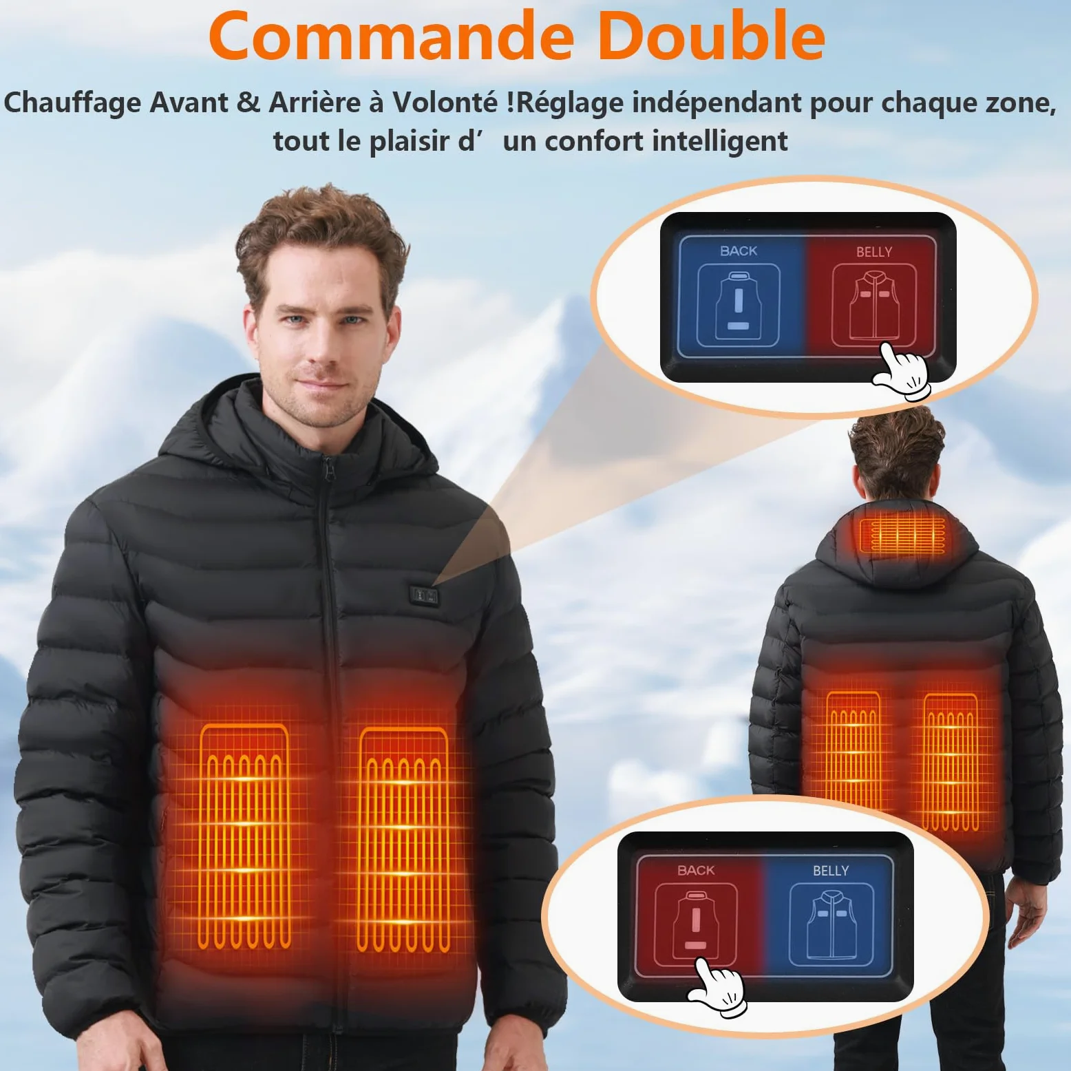 Veste Chauffante Homme et Femme - Blouson Chauffant USB Électrique avec Batterie 10000mAh, 5 Zones Chauffantes & 3 Niveaux de Température - Manteau Doudoune à Capuche pour Hiver et Moto