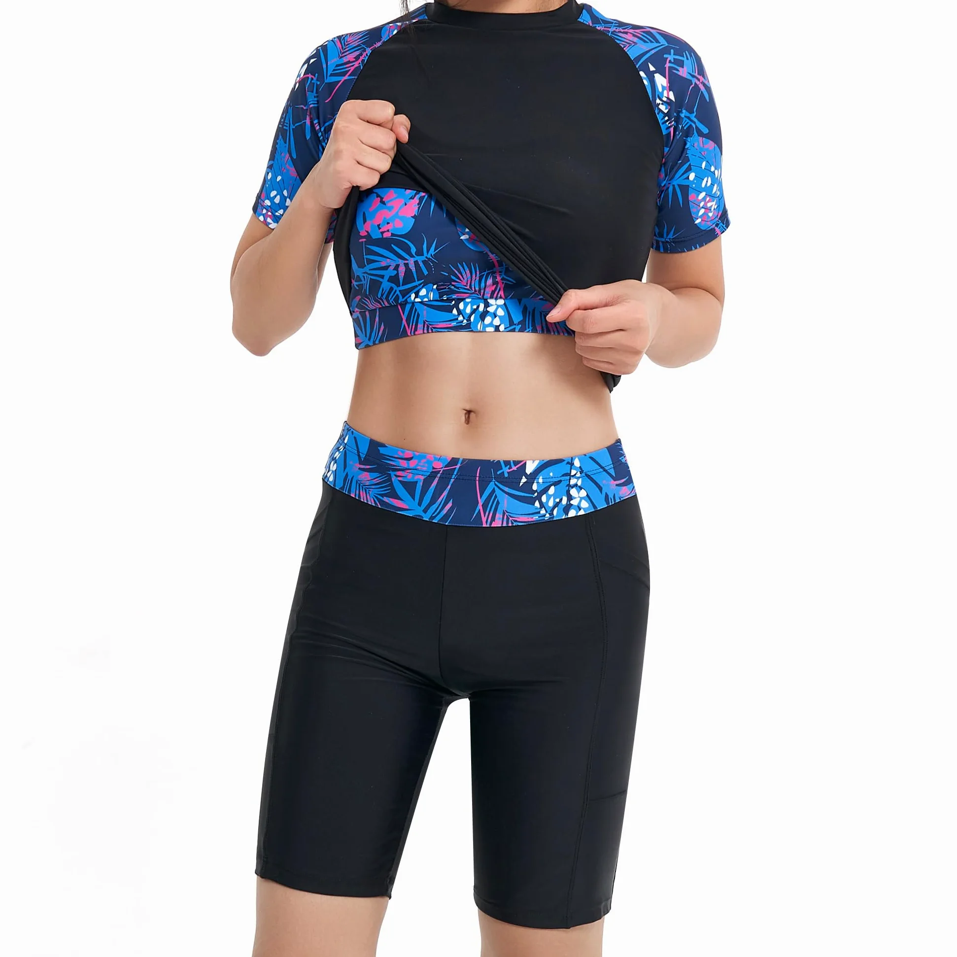 Owntop Maillot de bain 3 pièces Rashguard UPF50+ UV pour femme | Rashguard à manches courtes, haut de bikini et short taille haute | maillots de bain modestes | natation surf