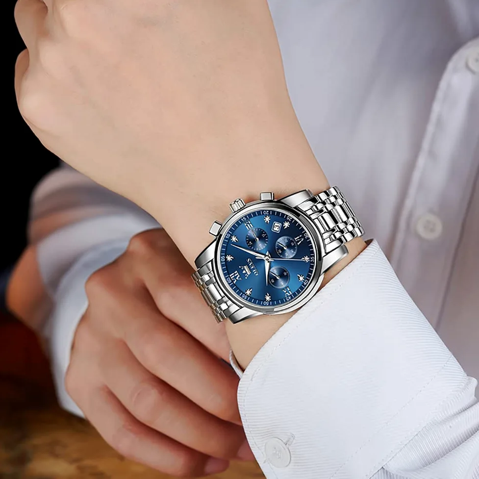 OLEVS Hommes en Acier Inoxydable Chronographe Doré Argent Analogique Quartz Grand Cadran Diamant Montre De Luxe éTanche Date Cadran NuméRique Romain