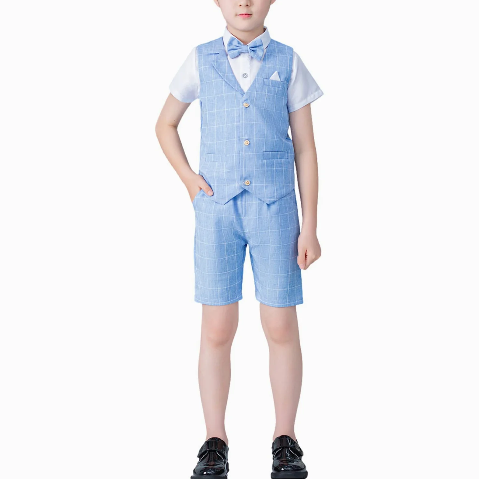 4 pièces Garçons Été Shorts Costumes Ensemble Coupe Ajustée Gilet Chemise Shorts Nœud Papillon Tenue Vêtements