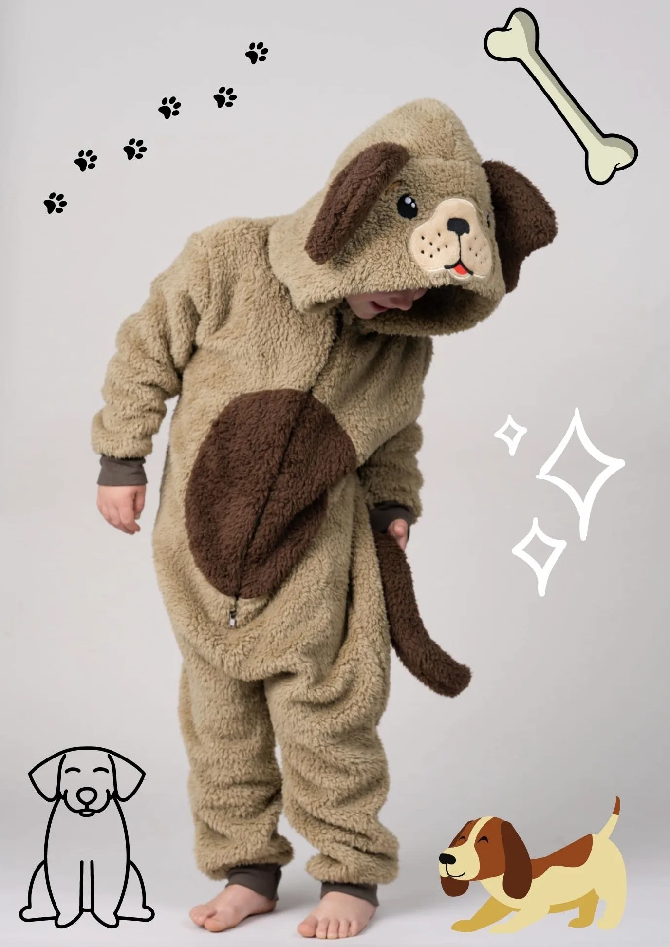 Combinaison tout-en-un pour chien ou fille en polaire douce avec queue pour enfants de 2 à 13 ans en noir, blanc ou beige