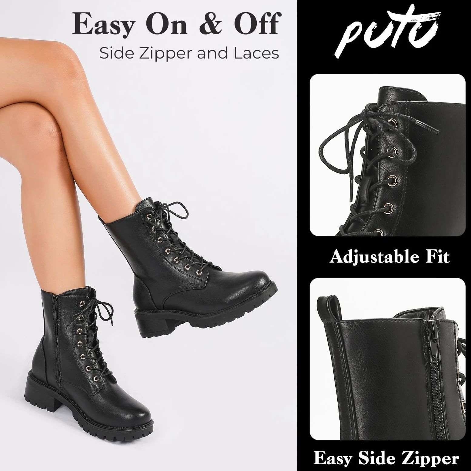 Putu Bottines Femme à Lacets et Fermeture Éclair, Bottes avec Semelle Antidérapante, Style Tendance et Faciles à Porter 36-42