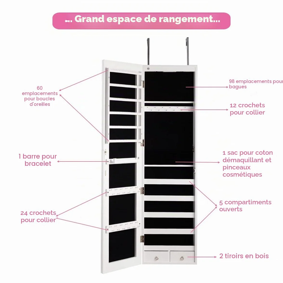 GIANTEX Armoire à Bijoux avec Miroir, Porte Bijoux Mural avec Lumière LED, Rangement avec Miroir Porte,Verrouillable (Blanc)