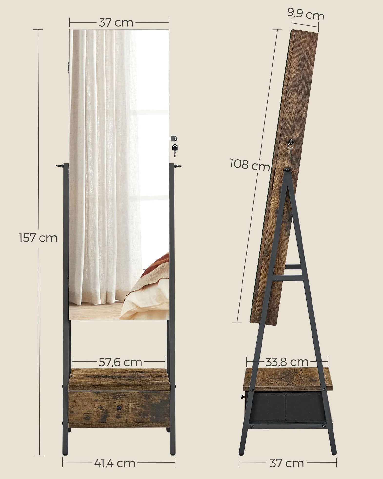 SONGMICS Armoire à bijoux LED sur pied, verrouillable avec miroir pleine longueur, organiseur de bijoux compact avec tiroir et étagère, idée cadeau, marron rustique JJC025X01