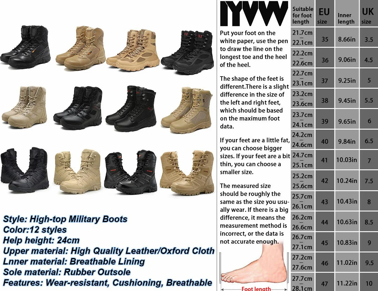 5.AA Hommes Bottes Militaire avec Fermeture Latérale, Bottes Patrouille Combat Tactique Recrues Armée Désert Sécurité Militaire Chaussure